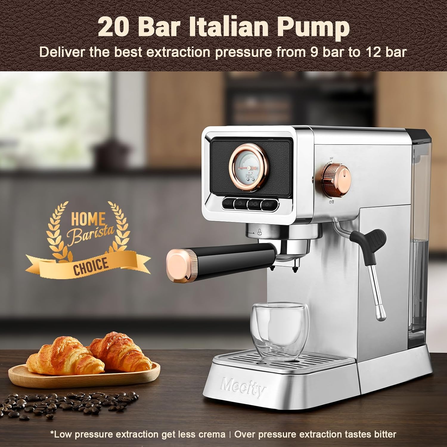 Micity 20 Bar Süt Köpürtücü Espresso Makinesi, Fırçalanmış Paslanmaz Çelik Kabuk, 37 Fl.oz Su Deposu, Espresso, Latte, Mocha, Americano için Kahve Makinesi. 1400W