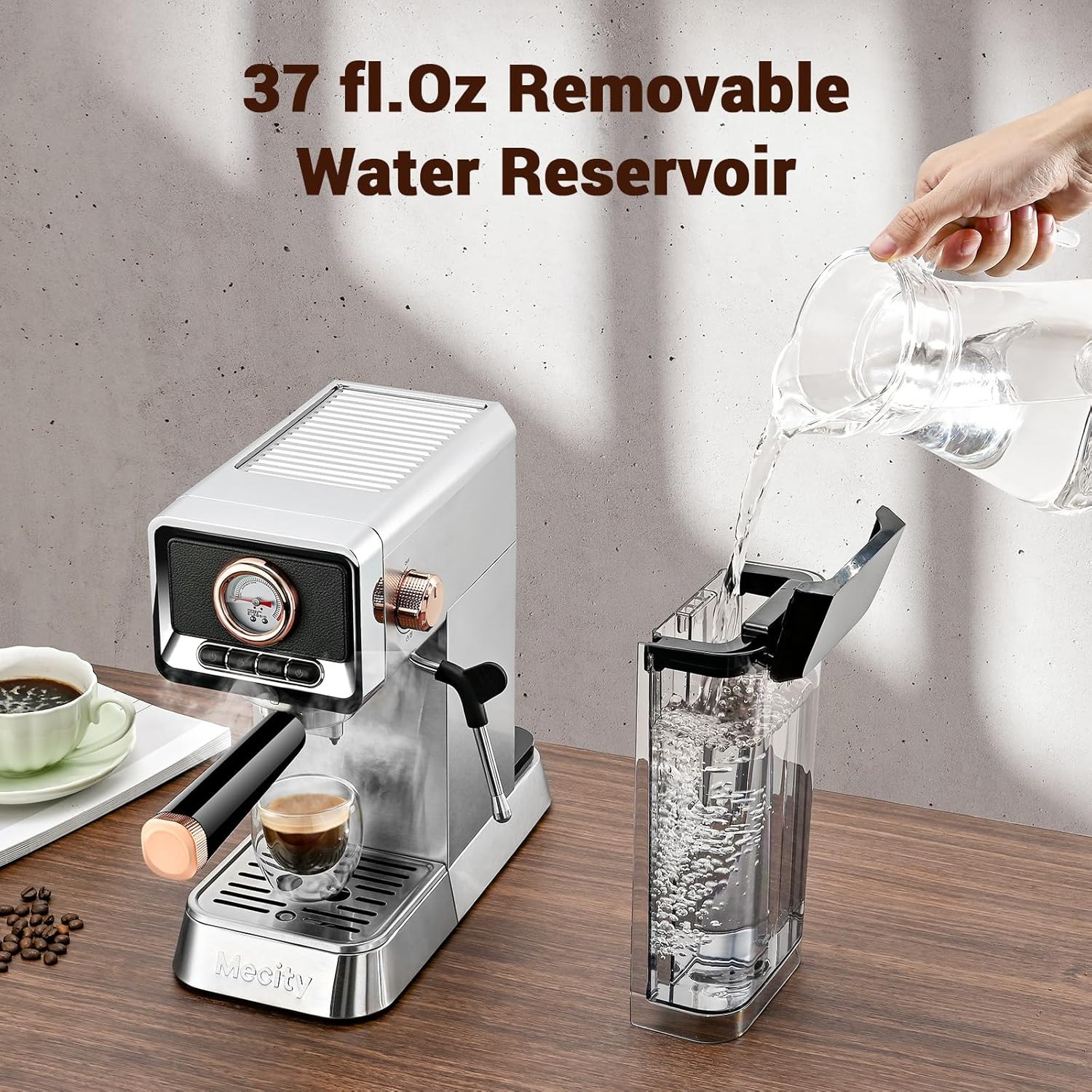 Micity 20 Bar Süt Köpürtücü Espresso Makinesi, Fırçalanmış Paslanmaz Çelik Kabuk, 37 Fl.oz Su Deposu, Espresso, Latte, Mocha, Americano için Kahve Makinesi. 1400W