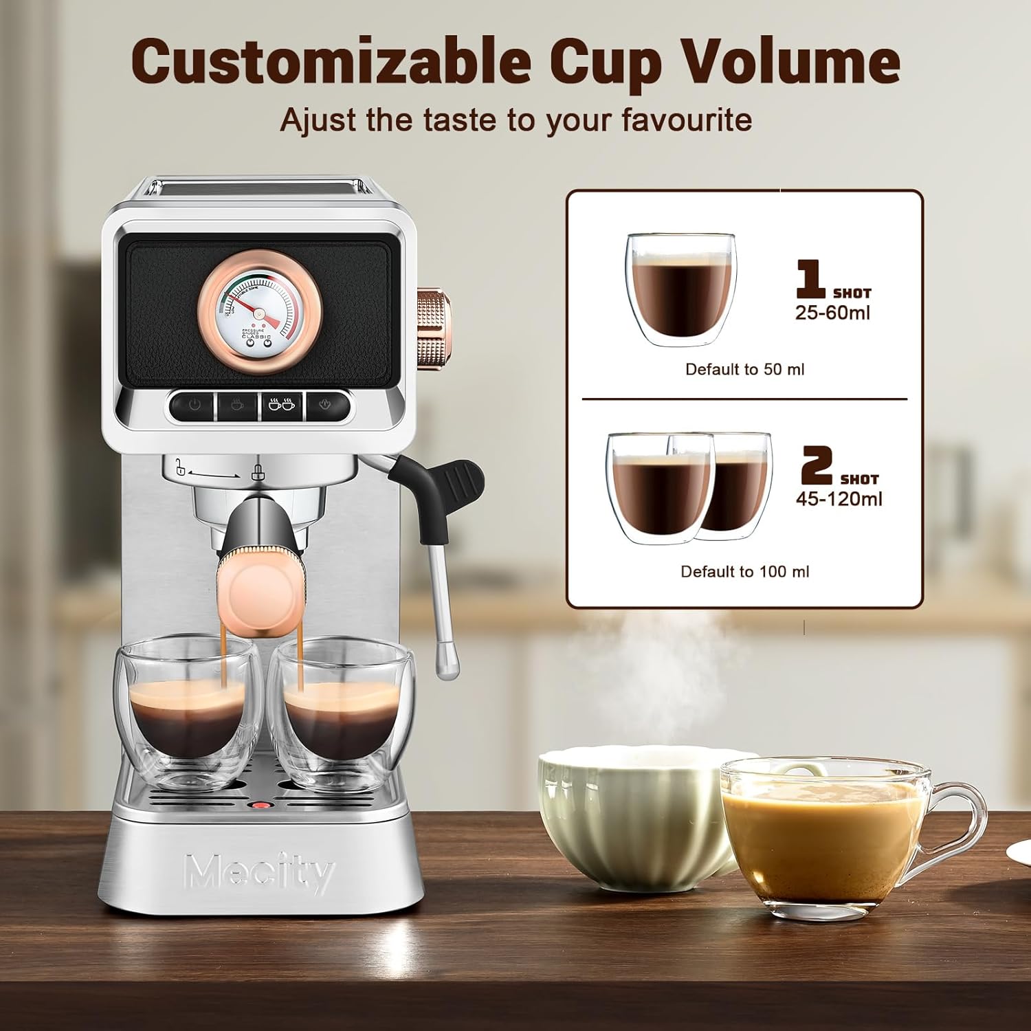 Micity 20 Bar Süt Köpürtücü Espresso Makinesi, Fırçalanmış Paslanmaz Çelik Kabuk, 37 Fl.oz Su Deposu, Espresso, Latte, Mocha, Americano için Kahve Makinesi. 1400W