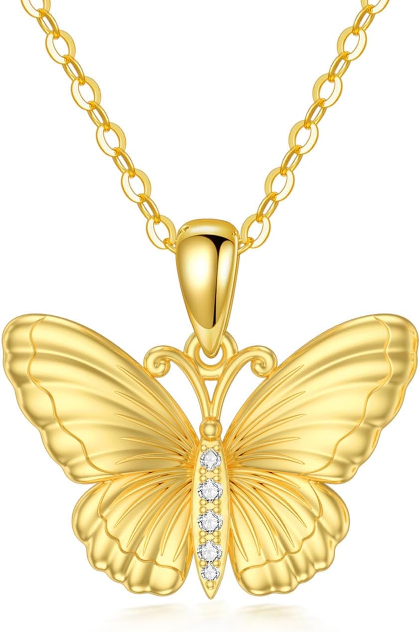 14K Solid Gold Butterfly Necklace Real 14kt Yellow Gold Diamond Butterfly Pendant Dainty Animal Jewelry Gifts for Women · v2