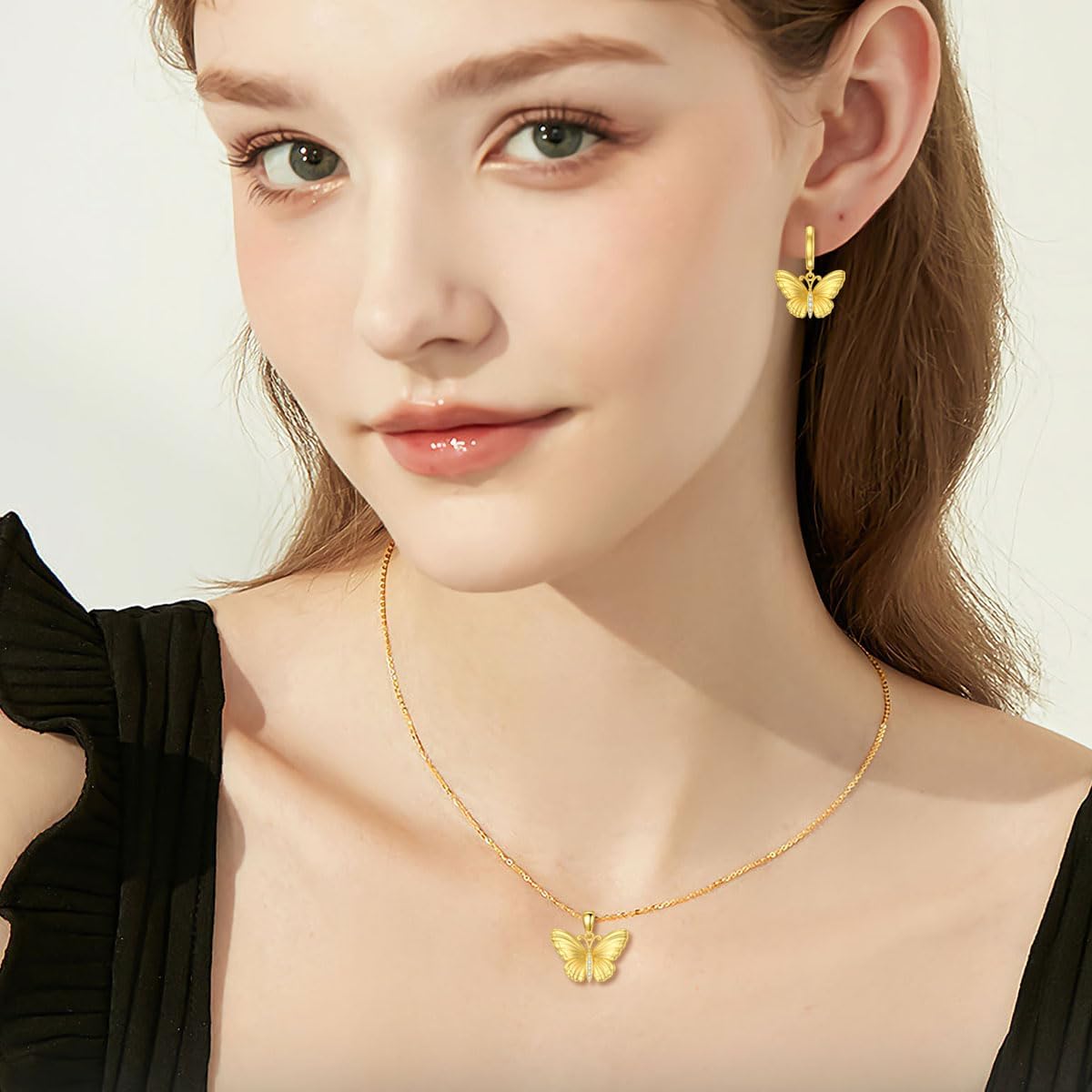 14K Solid Gold Butterfly Necklace Real 14kt Yellow Gold Diamond Butterfly Pendant Dainty Animal Jewelry Gifts for Women · v2