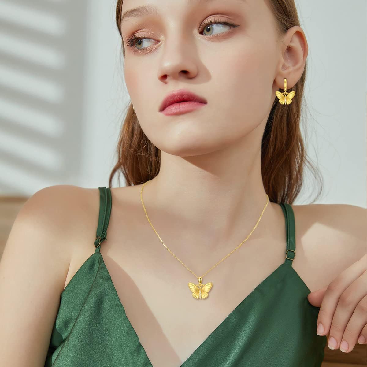 14K Solid Gold Butterfly Necklace Real 14kt Yellow Gold Diamond Butterfly Pendant Dainty Animal Jewelry Gifts for Women · v2