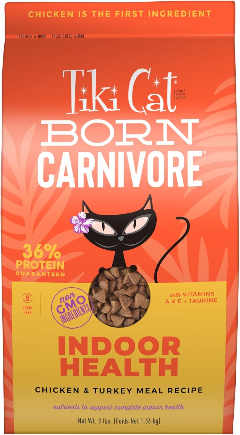 Tiki Cat, carnívoro nacido con alto contenido de proteínas, salud en interiores, receta de comida de pollo y pavo, croquetas horneadas sin cereales para maximizar los nutrientes, comida seca para gatos, bolsa de 3 libras