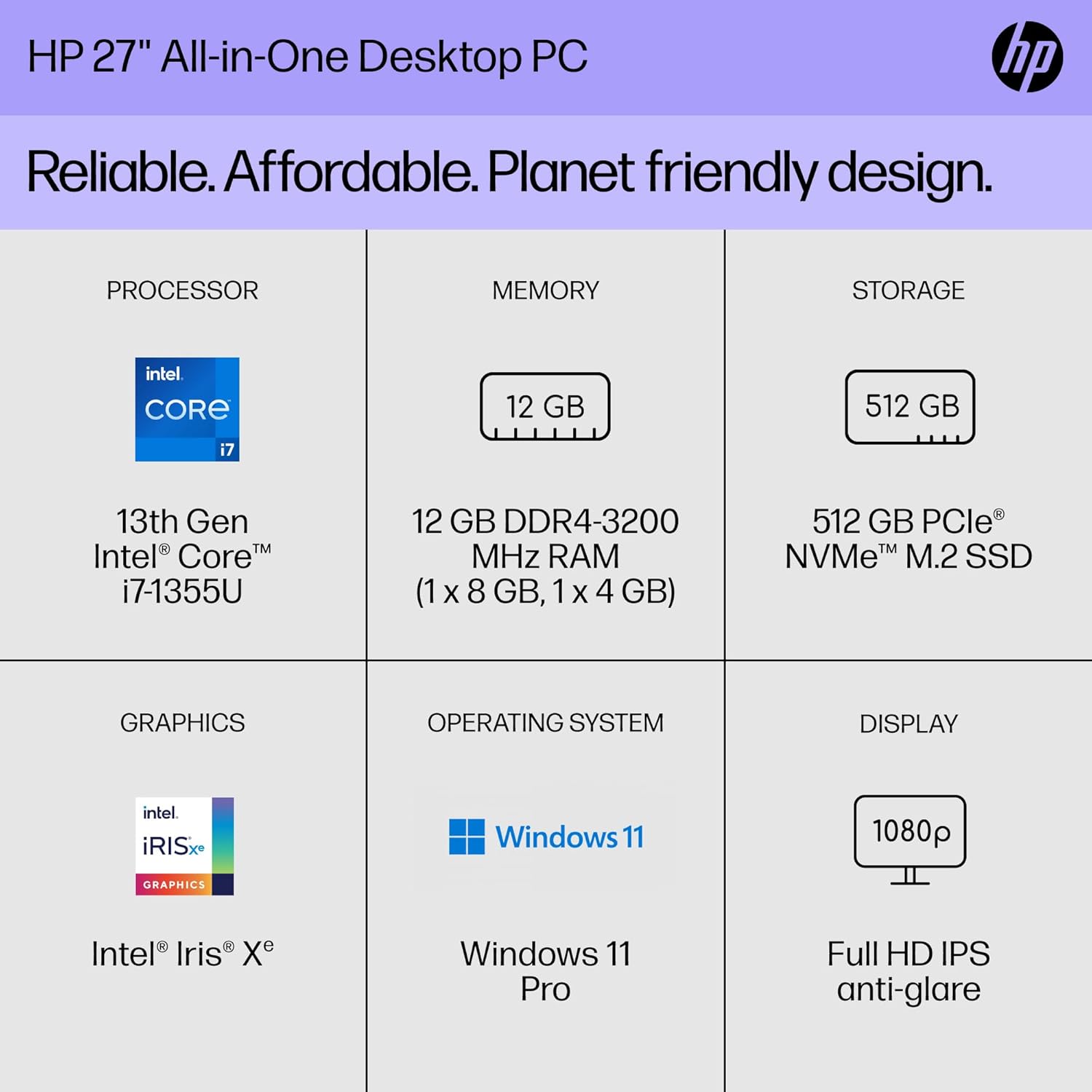 PC de bureau tout-en-un HP 27 pouces, écran FHD, processeur Intel Core i7-1355U de 13e génération, 12 Go de RAM, SSD de 512 Go, carte graphique Intel Iris Xe, Windows 11 Pro, 27-cr0082 (2023)