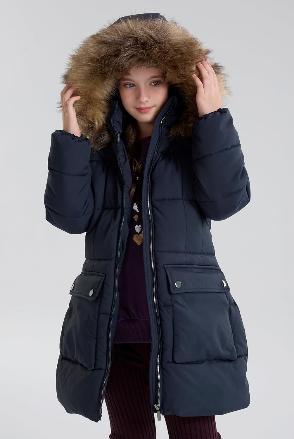 maoo garden Girls Puffer Winter Coat Faux-Down Heavyweight Snow Parka Fuzzy Fur Lining Hood Water-Resistant Long Jacket