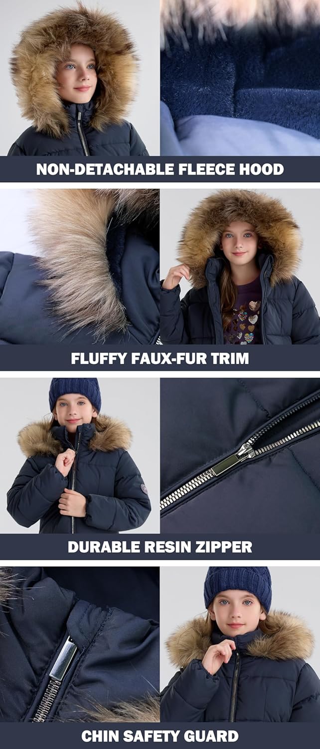 maoo garden Girls Puffer Winter Coat Faux-Down Heavyweight Snow Parka Fuzzy Fur Lining Hood Water-Resistant Long Jacket