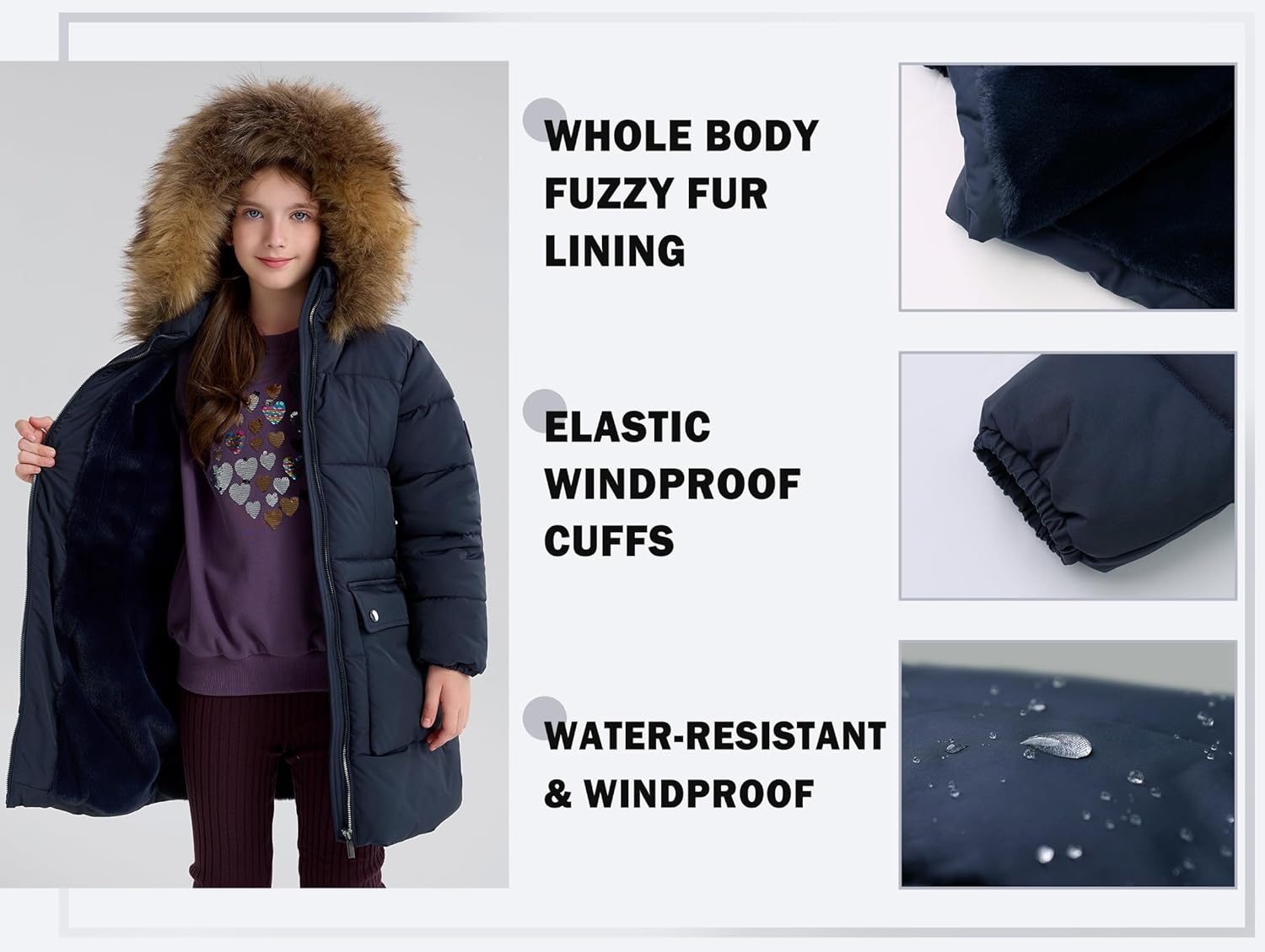 maoo garden Girls Puffer Winter Coat Faux-Down Heavyweight Snow Parka Fuzzy Fur Lining Hood Water-Resistant Long Jacket