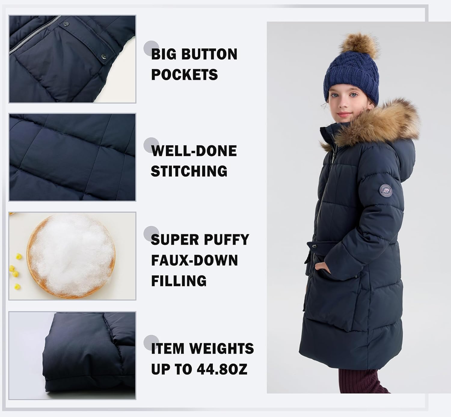 maoo garden Girls Puffer Winter Coat Faux-Down Heavyweight Snow Parka Fuzzy Fur Lining Hood Water-Resistant Long Jacket