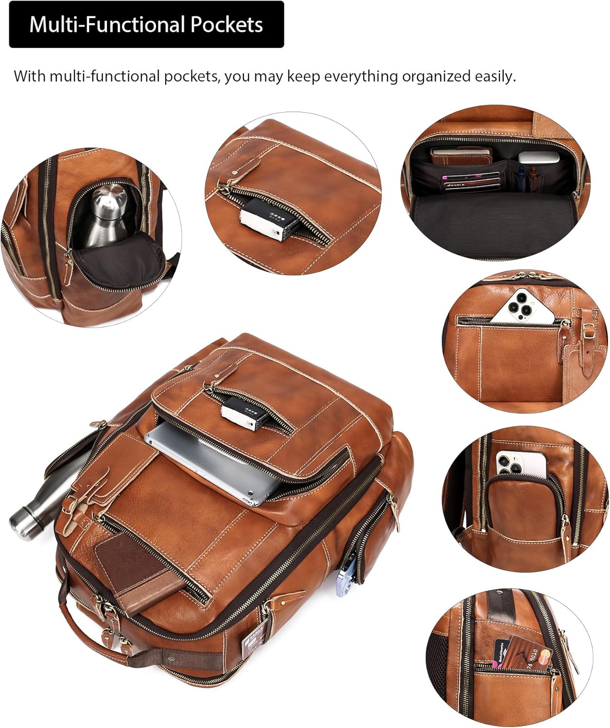 LANNSYNE Vintage Genuine Leather Backpack for Men, 15.6 Laptop Backpack Camping Travel 24L Rucksack · v3