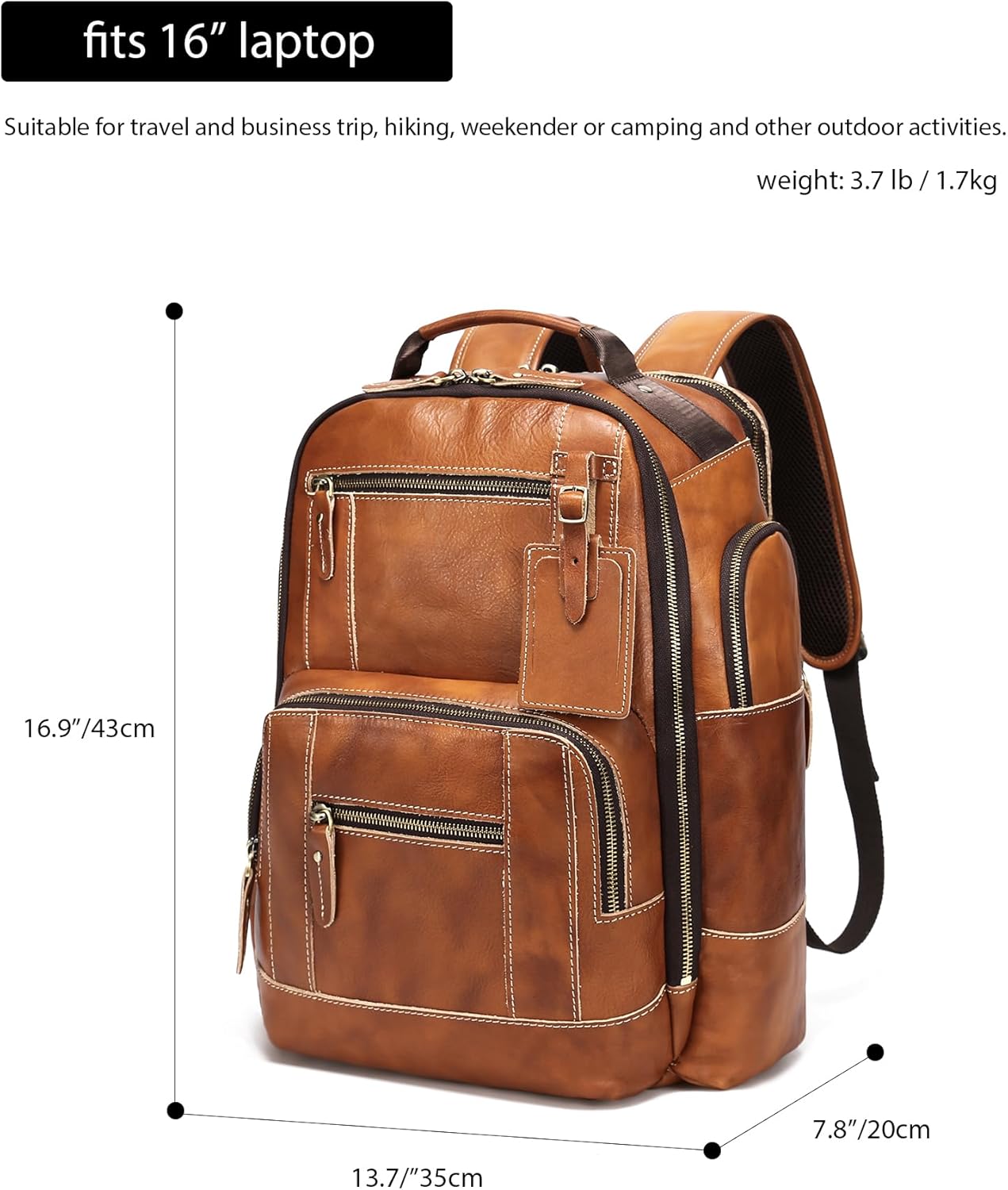 LANNSYNE Vintage Genuine Leather Backpack for Men, 15.6 Laptop Backpack Camping Travel 24L Rucksack · v3