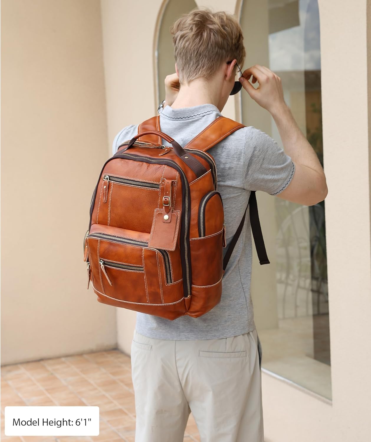 LANNSYNE Vintage Genuine Leather Backpack for Men, 15.6 Laptop Backpack Camping Travel 24L Rucksack · v3