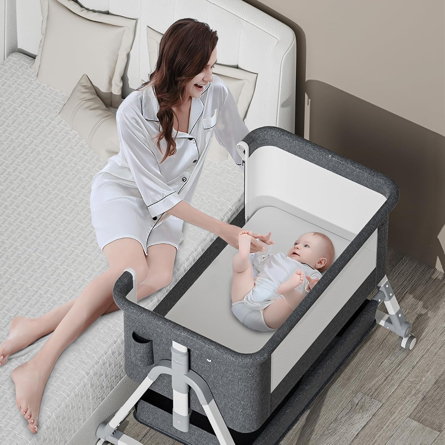 Culla per neonati Jaoul 4 in 1, culla per neonati, culla regolabile per neonati, lettino portatile e facile da piegare, culle a dondolo con comodo materasso, zanzariera portaoggetti per neonati, grigio
