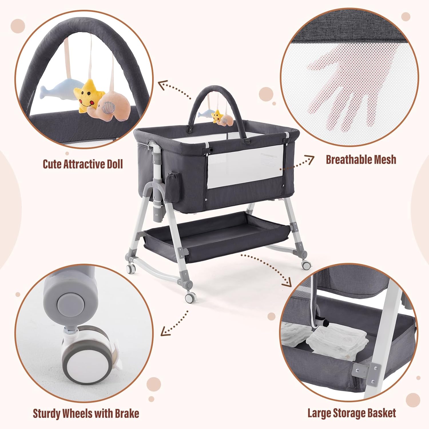 Culla per neonati Jaoul 4 in 1, culla per neonati, culla regolabile per neonati, lettino portatile e facile da piegare, culle a dondolo con comodo materasso, zanzariera portaoggetti per neonati, grigio