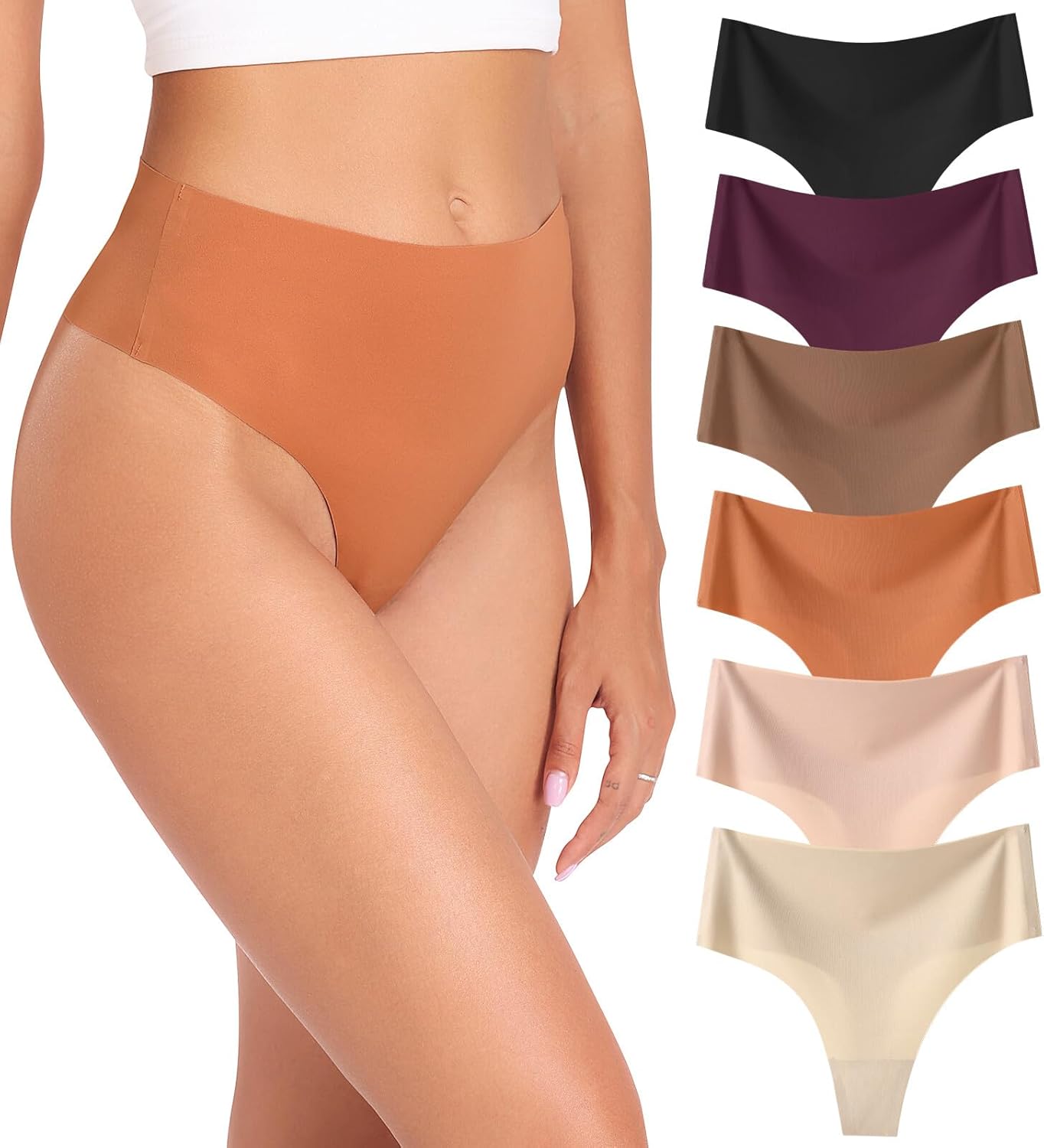 Wealurre Womens Underwear High Waisted Seamless Thongs for Women Breathable No Show Panties for Ladies 6 Pack · v3