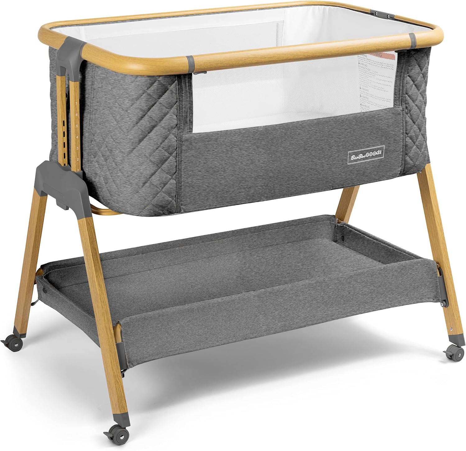 Keranjang Bayi 3 in 1 dengan Roda, Tempat Tidur Samping Tempat Tidur Portabel untuk Bayi dengan 7 Ketinggian yang Dapat Disesuaikan dan Kasur Busa, Tempat Tidur Bayi Samping Tempat Tidur untuk Bayi Baru Lahir dan Balita dengan Keranjang Penyimpanan, Termasuk Tas Pembawa