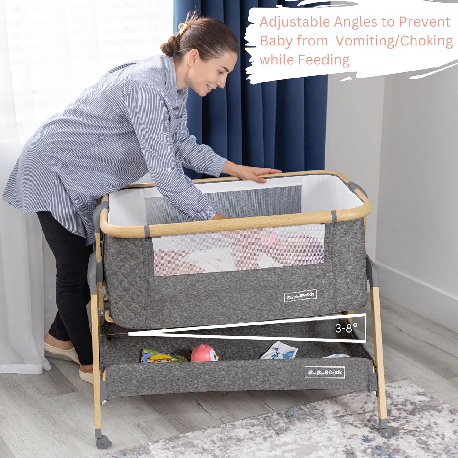 3 in 1 Baby Bassinet with Wheels, Portable Bedside Sleeper for Baby with 7 Adjustable Heights and Foam Mattress, Baby Bedside Crib for Newborns and Infants with Storage Basket, Carry Bag Included · v2