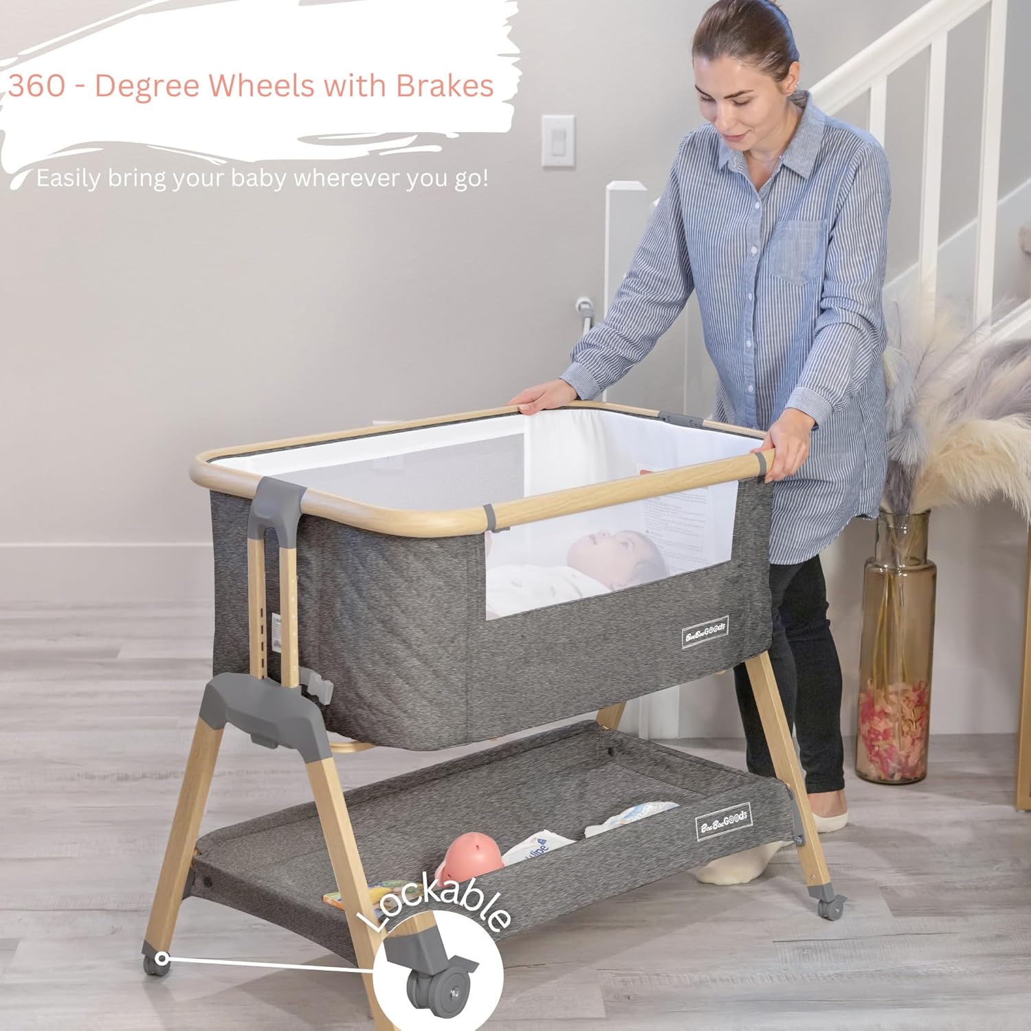 3 in 1 Baby Bassinet with Wheels, Portable Bedside Sleeper for Baby with 7 Adjustable Heights and Foam Mattress, Baby Bedside Crib for Newborns and Infants with Storage Basket, Carry Bag Included · v2