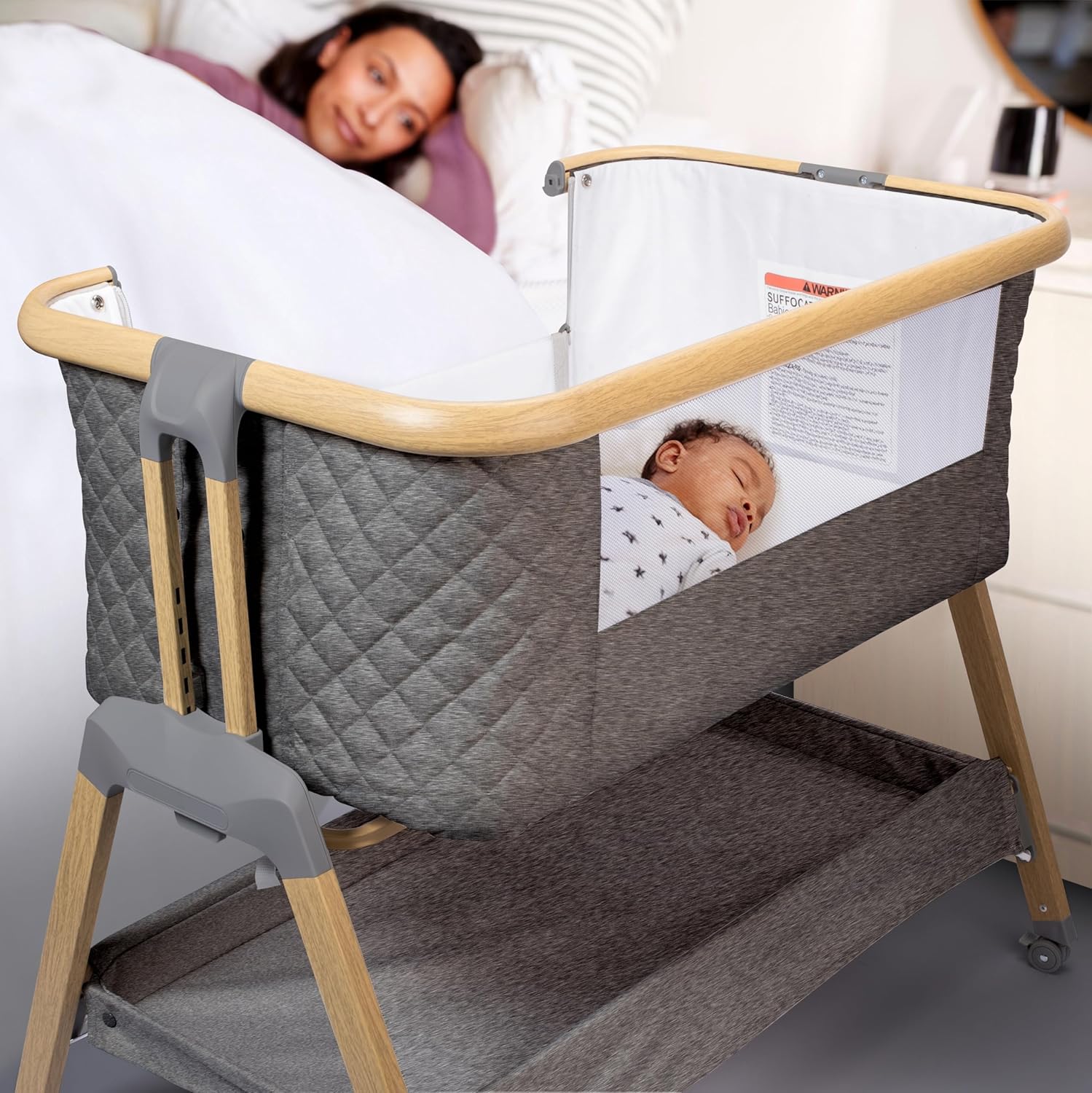 3 in 1 Baby Bassinet with Wheels, Portable Bedside Sleeper for Baby with 7 Adjustable Heights and Foam Mattress, Baby Bedside Crib for Newborns and Infants with Storage Basket, Carry Bag Included · v2