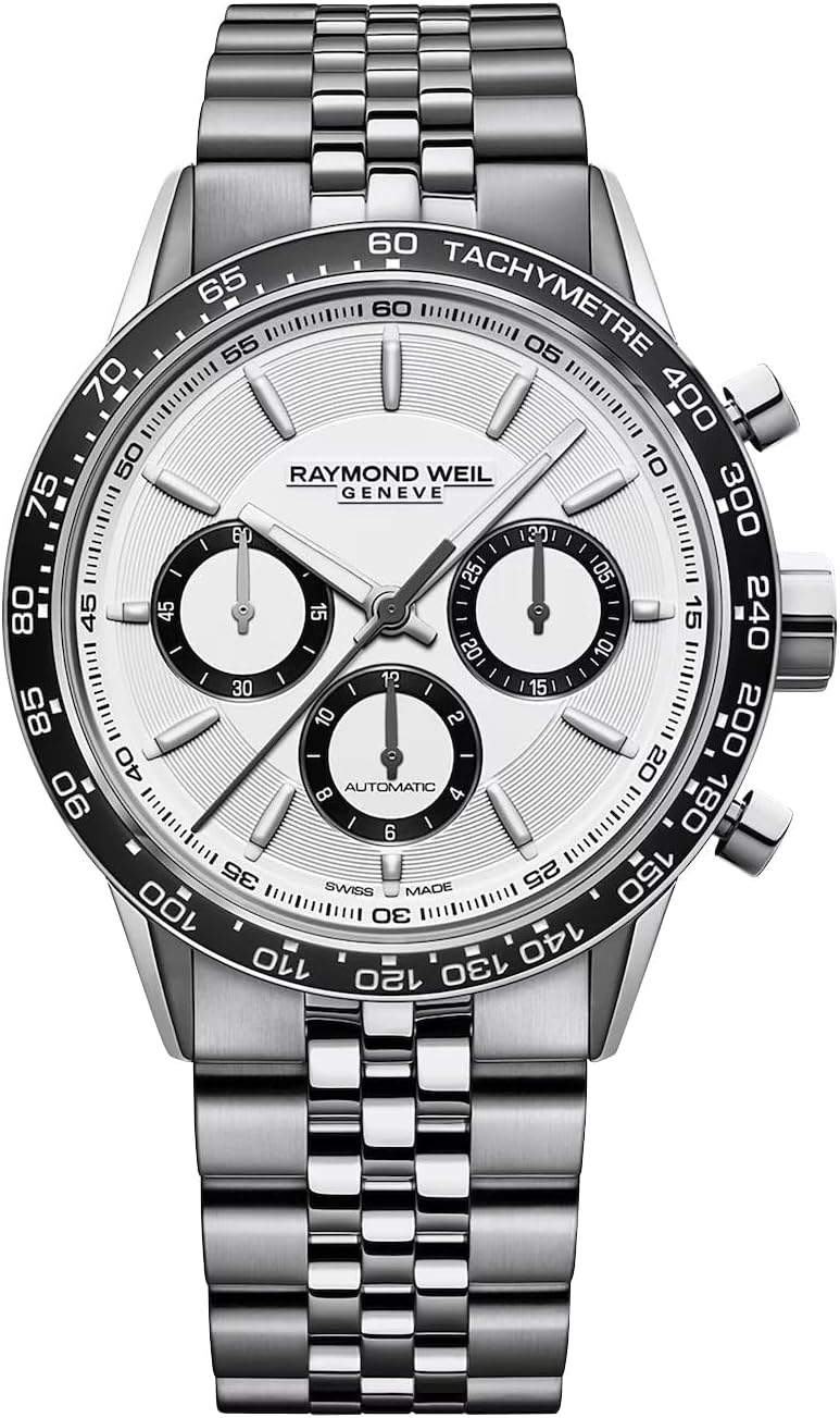 RAYMOND WEIL Freelancer Mens Automatic Watch, Chronograph, White Dial with Silver Indexes, Black Ceramic Bezel, Stainless Steel Case, 43.5mm (Model: 7741-ST1-30021) · v6