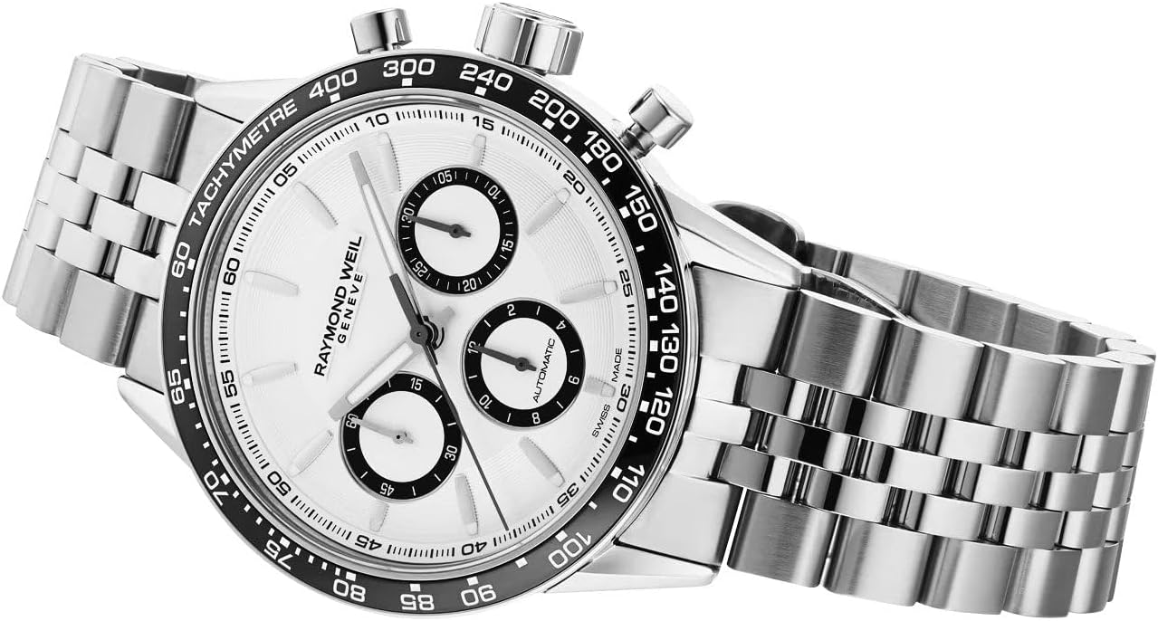 RAYMOND WEIL Freelancer Mens Automatic Watch, Chronograph, White Dial with Silver Indexes, Black Ceramic Bezel, Stainless Steel Case, 43.5mm (Model: 7741-ST1-30021) · v3
