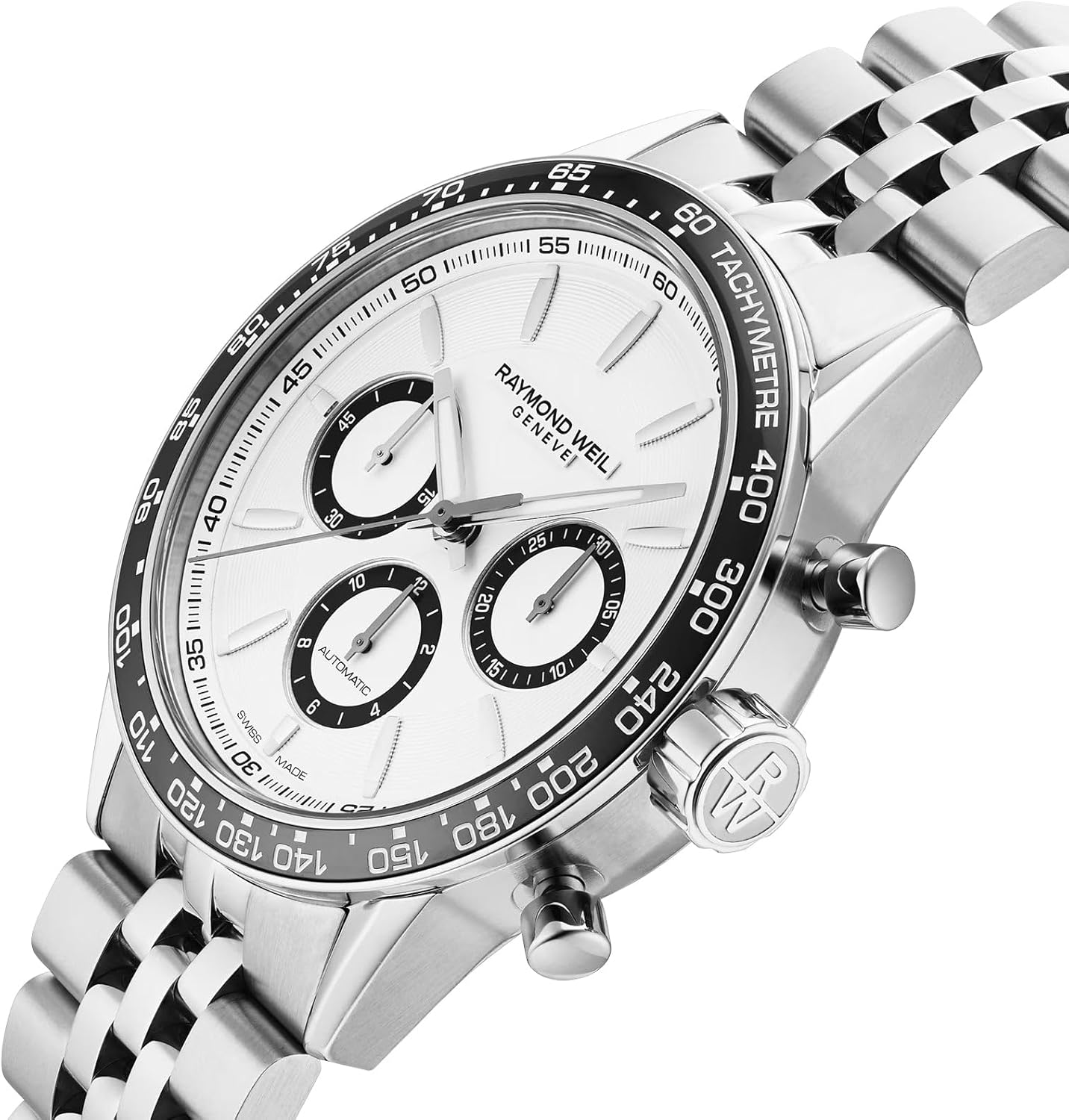 RAYMOND WEIL Freelancer Mens Automatic Watch, Chronograph, White Dial with Silver Indexes, Black Ceramic Bezel, Stainless Steel Case, 43.5mm (Model: 7741-ST1-30021) · v3