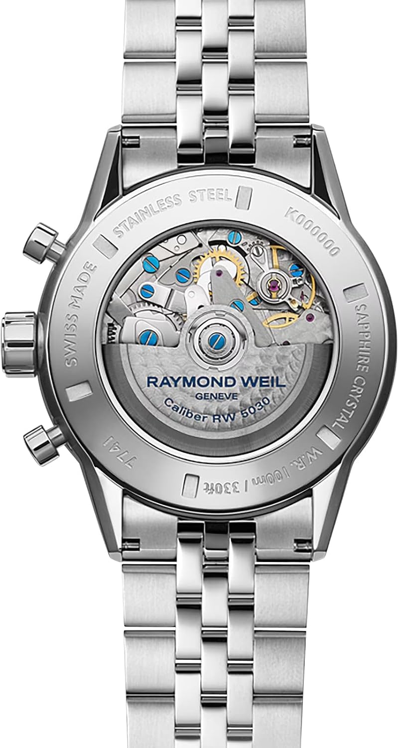 RAYMOND WEIL Freelancer Mens Automatic Watch, Chronograph, White Dial with Silver Indexes, Black Ceramic Bezel, Stainless Steel Case, 43.5mm (Model: 7741-ST1-30021) · v3