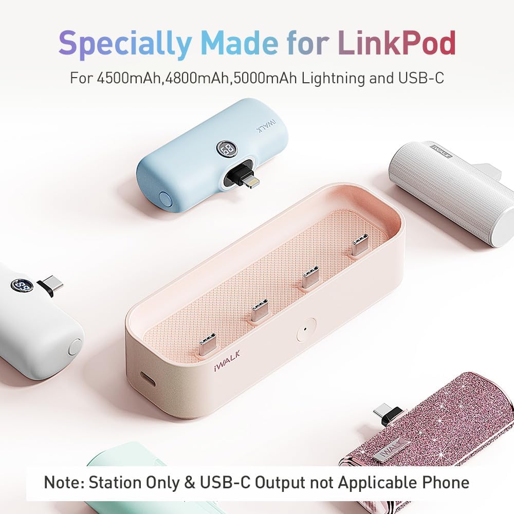 iWALK LinkPod Station LinkPod Portable Charger 4500mAh, 4800mAh,5000mAh Power Bank for iPhone Charging Station Multiple USB-C Family-Sized Charger Station for Home(Station Only), Pink · v2
