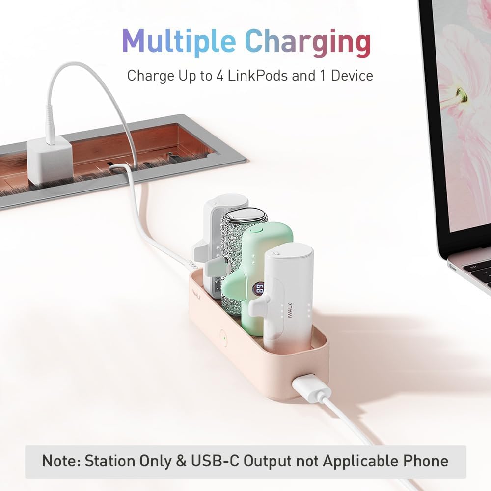 iWALK LinkPod Station LinkPod Portable Charger 4500mAh, 4800mAh,5000mAh Power Bank for iPhone Charging Station Multiple USB-C Family-Sized Charger Station for Home(Station Only), Pink · v2