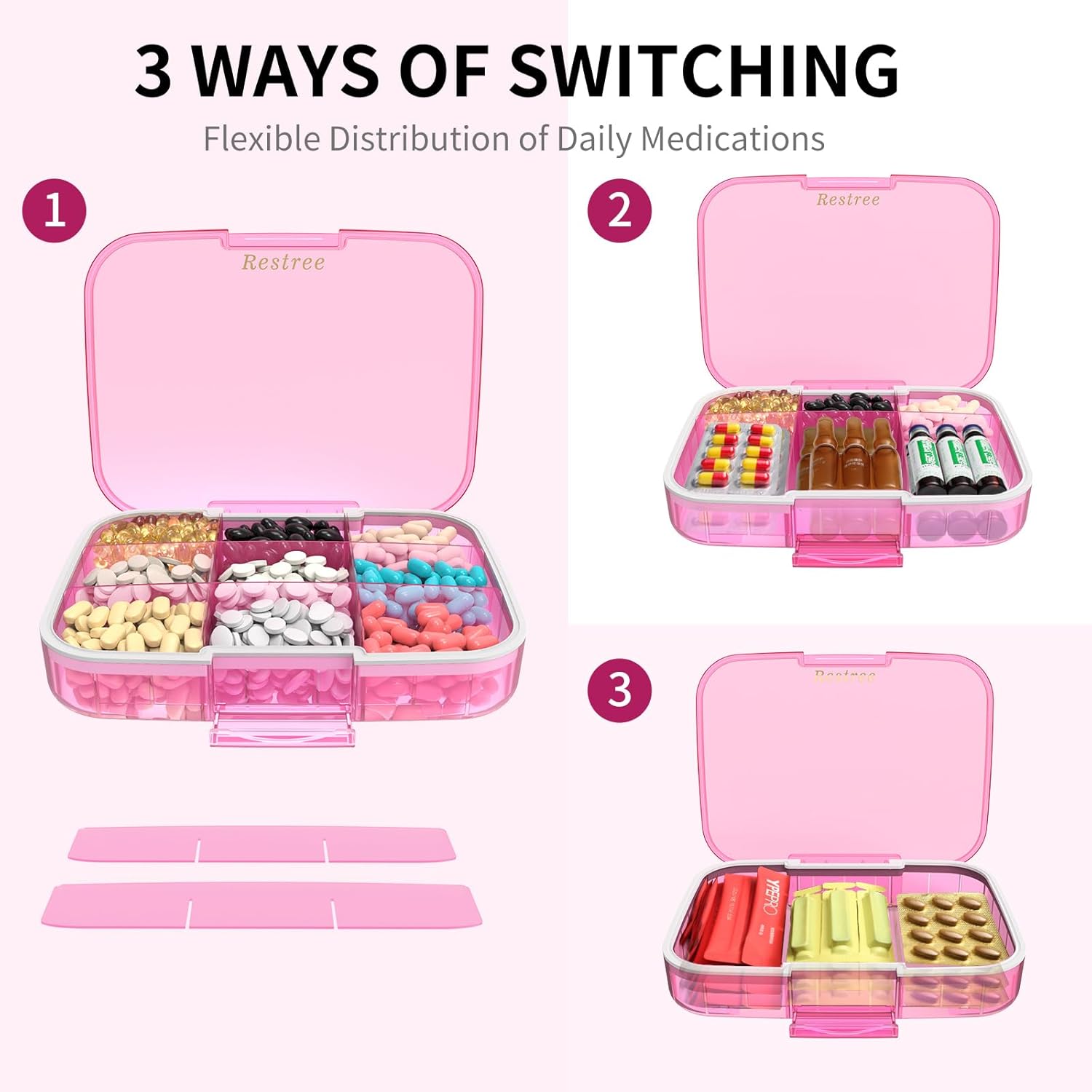 Restree Large Pill Organizer, Portable Pill Dispenser, Moisture-Proof Travel Pill Case for Vitamin, Medicine, Fish Oil/Supplements Extra Large 9 compartments (Pink) · v2