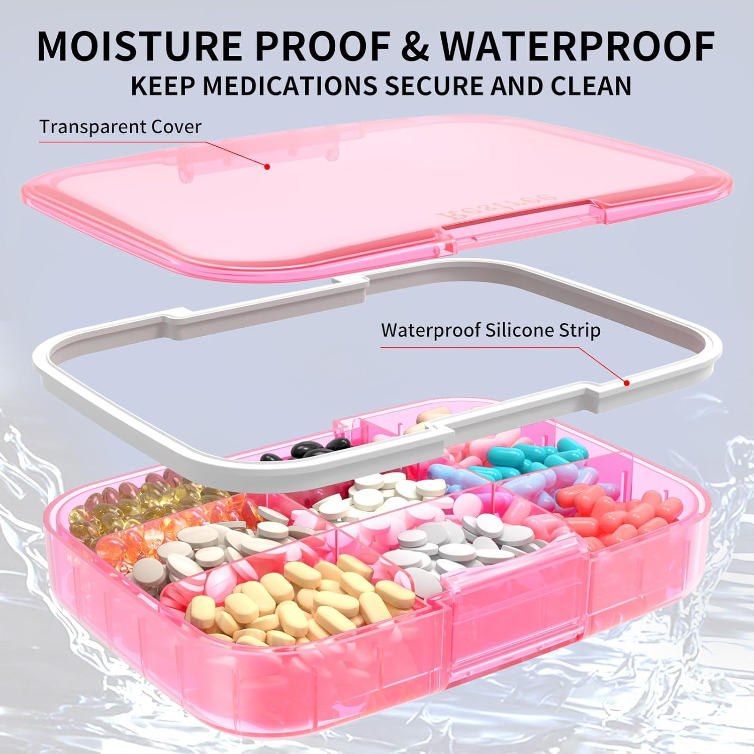 Restree Large Pill Organizer, Portable Pill Dispenser, Moisture-Proof Travel Pill Case for Vitamin, Medicine, Fish Oil/Supplements Extra Large 9 compartments (Pink) · v2