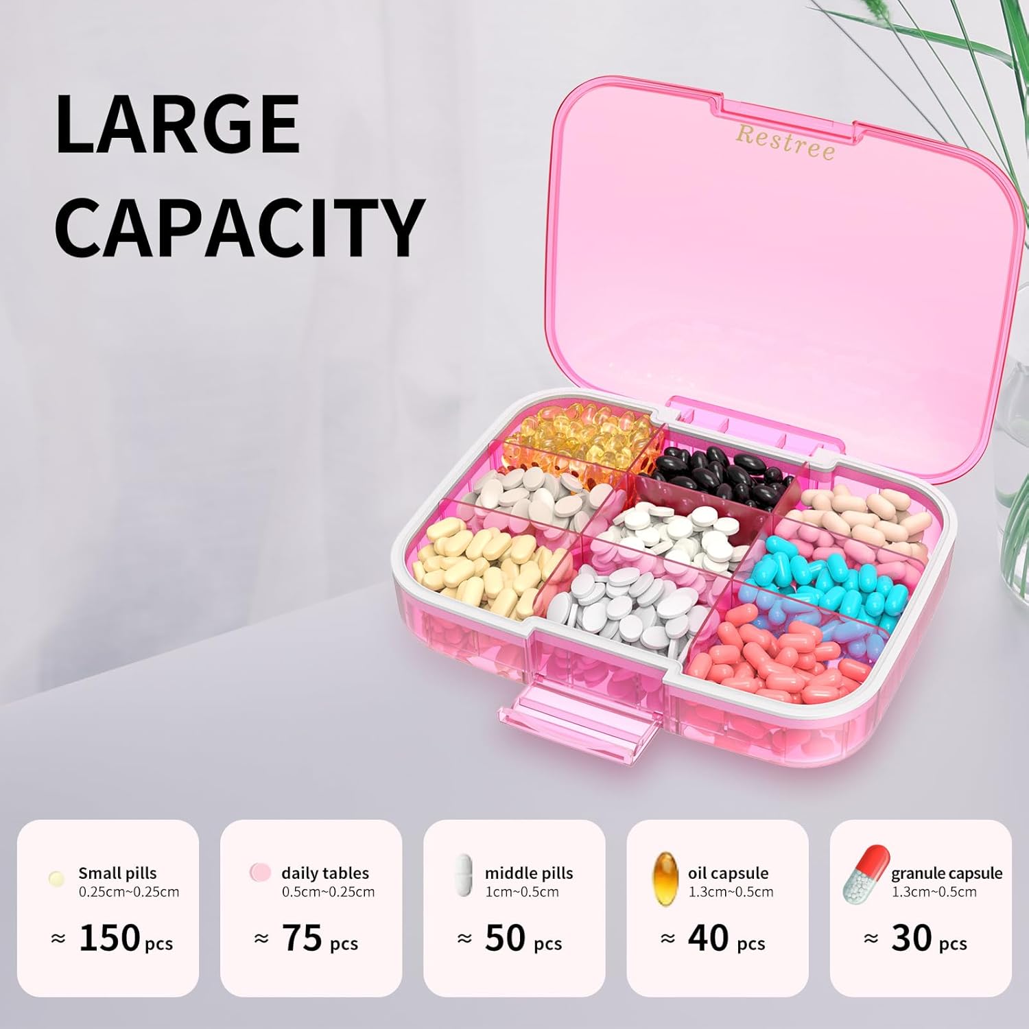 Restree Large Pill Organizer, Portable Pill Dispenser, Moisture-Proof Travel Pill Case for Vitamin, Medicine, Fish Oil/Supplements Extra Large 9 compartments (Pink) · v2