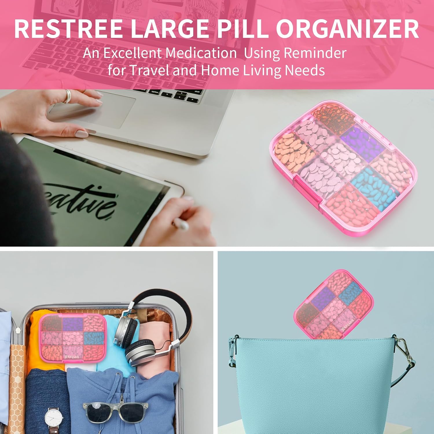 Restree Large Pill Organizer, Portable Pill Dispenser, Moisture-Proof Travel Pill Case for Vitamin, Medicine, Fish Oil/Supplements Extra Large 9 compartments (Pink) · v2