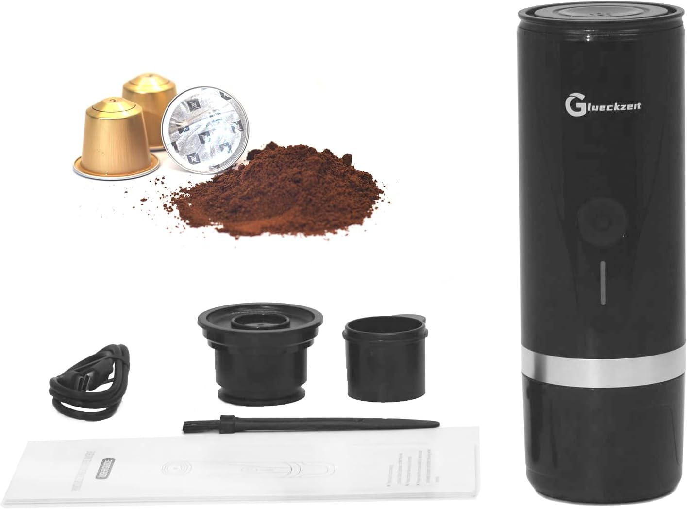 เครื่องชงกาแฟเอสเพรสโซแบบพกพา Glueckzeit เครื่องชงกาแฟแบบพกพาสำหรับการตั้งแคมป์ เครื่องชงกาแฟไฟฟ้าที่เข้ากันได้กับ NS Capsule Coffee Ground เครื่องชงกาแฟเอสเพรสโซแบบชงเร็วสำหรับการเดินป่าในสำนักงาน ชาร์จไฟได้ ประเภท C-C