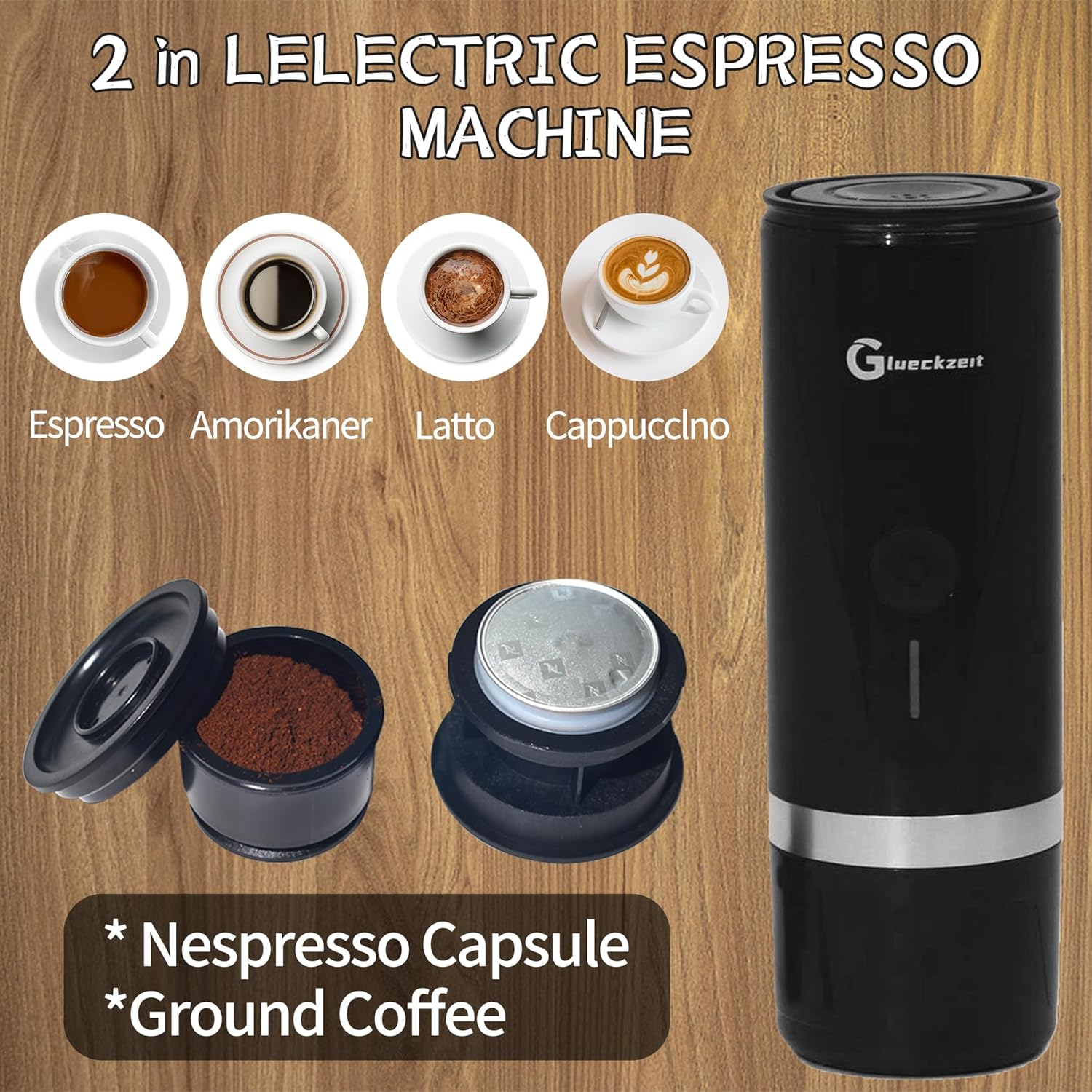 Glueckzeit Tragbare Espressomaschine, Reisekaffeemaschine für Camping, Elektrische Kaffeemaschine, kompatibel mit NS-Kapseln, gemahlener Kaffee, Schnellbrüh-Espressomaschine für Büro, Wandern, wiederaufladbar, Typ C-C