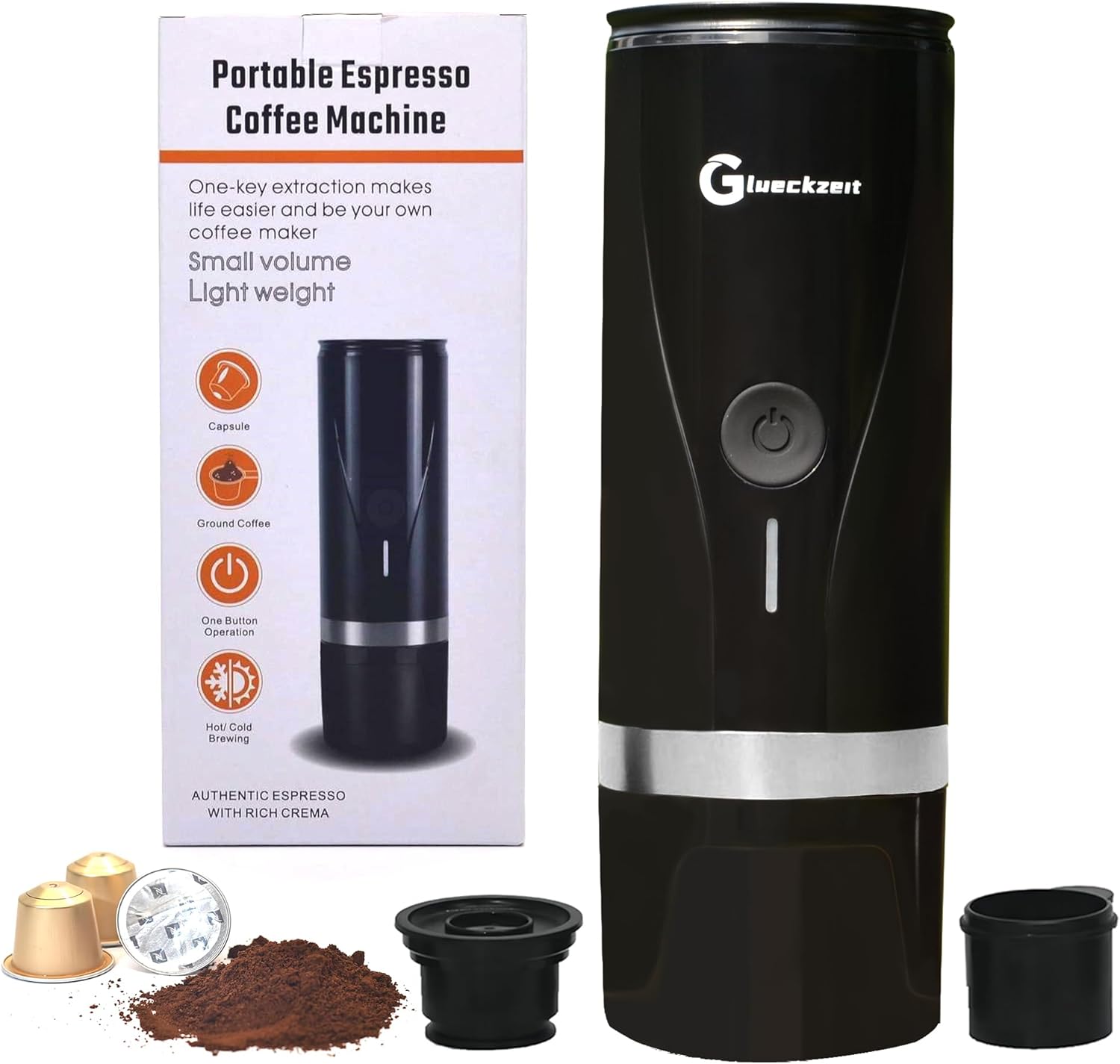 Glueckzeit Tragbare Espressomaschine, Reisekaffeemaschine für Camping, Elektrische Kaffeemaschine, kompatibel mit NS-Kapseln, gemahlener Kaffee, Schnellbrüh-Espressomaschine für Büro, Wandern, wiederaufladbar, Typ C-C