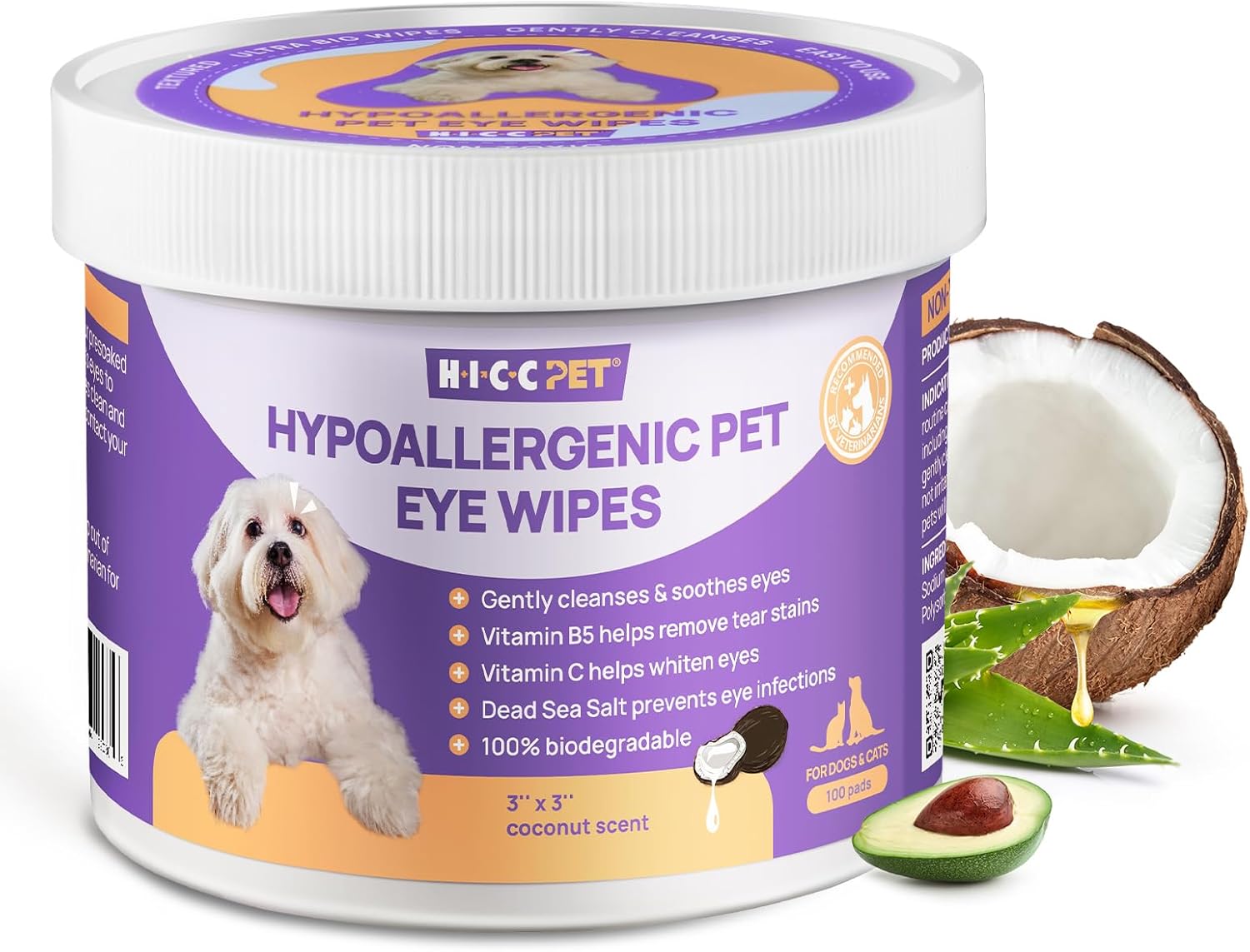 ผ้าเช็ดตา HICC PET สำหรับสุนัขและแมว - เช็ดคราบน้ำตา สิ่งสกปรกในตา ของเหลวที่ไหลออก และเมือกอย่างอ่อนโยน - ผ้าเช็ดทำความสะอาดและระงับกลิ่นกายสำหรับสัตว์เลี้ยงด้วยน้ำมันมะพร้าวสำหรับดวงตา ริ้วรอย ใบหน้า - 100 ชิ้น