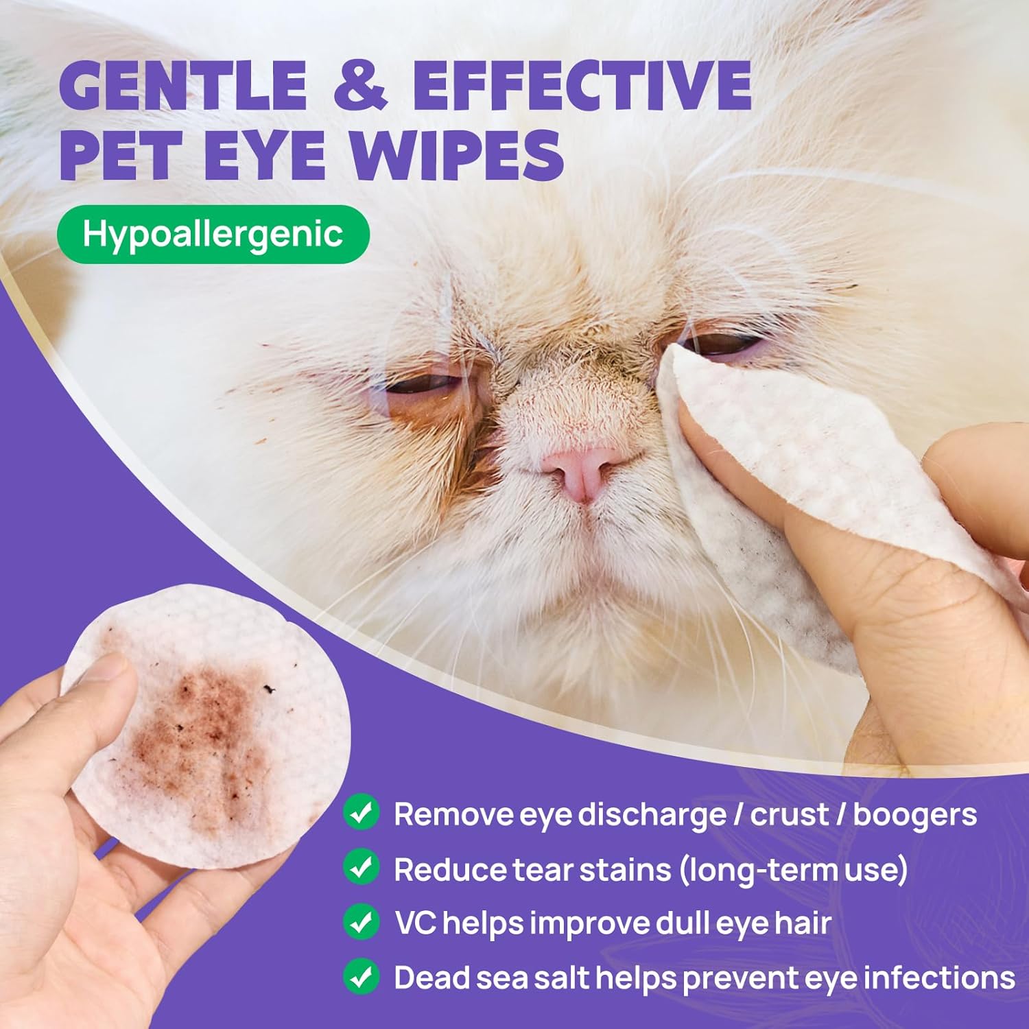 Salviettine occhi HICC PET per cani e gatti - Rimuovi delicatamente macchie lacrimali, residui oculari, secrezioni di muco - Salviettine deodoranti per occhi, rughe, viso all'olio di cocco Salviettine deodoranti per occhi, rughe, viso - 100 pezzi