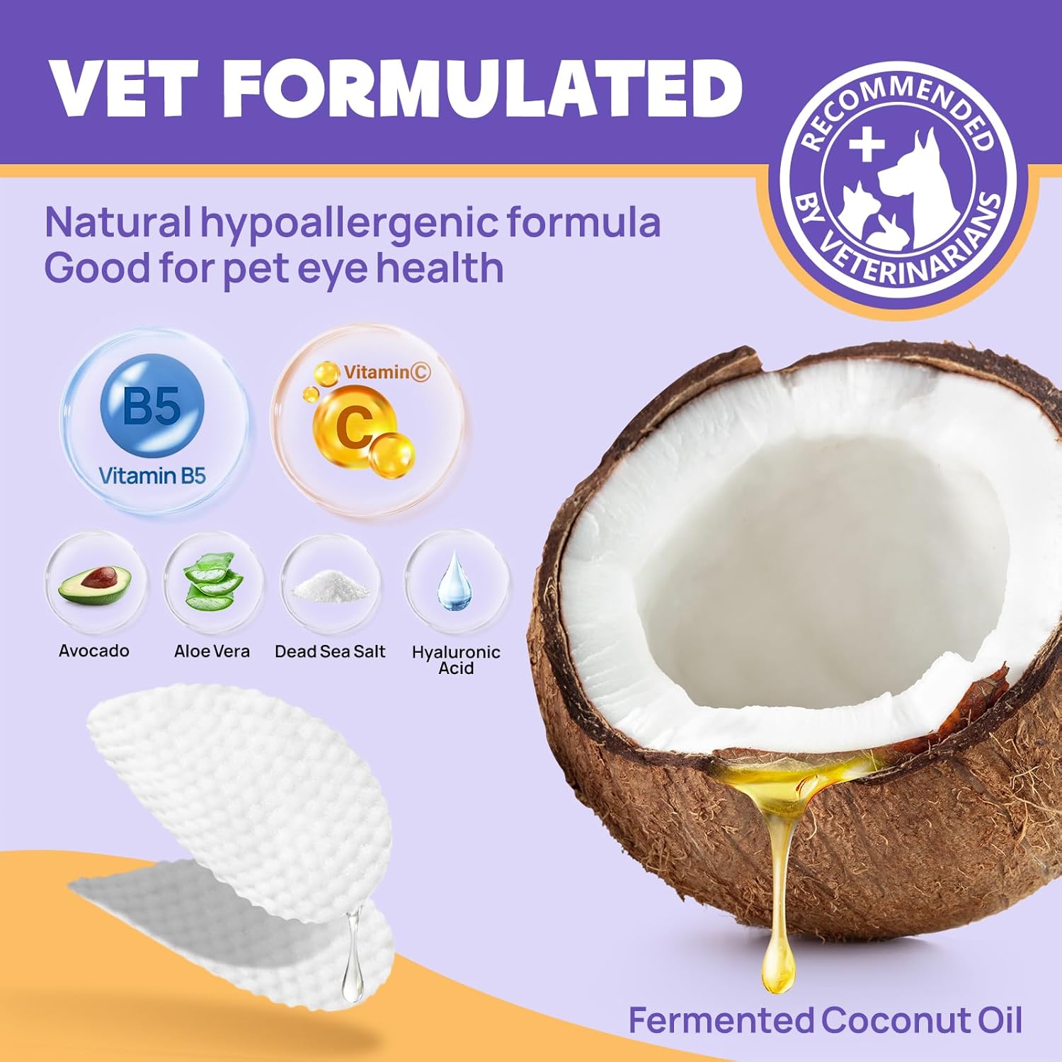 Salviettine occhi HICC PET per cani e gatti - Rimuovi delicatamente macchie lacrimali, residui oculari, secrezioni di muco - Salviettine deodoranti per occhi, rughe, viso all'olio di cocco Salviettine deodoranti per occhi, rughe, viso - 100 pezzi