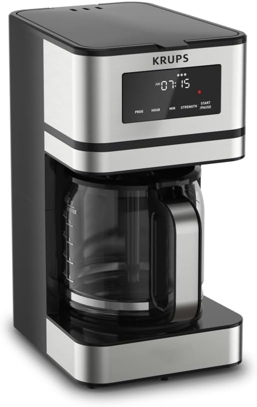 KRUPS: Macchina da caffè Simply Brew da 12 tazze - Caraffa in acciaio inossidabile e vetro - Macchina da caffè con filtro per tazze - Programmabile con display digitale - Lavabile in lavastoviglie - Macchina da caffè antigoccia - Nero e argento