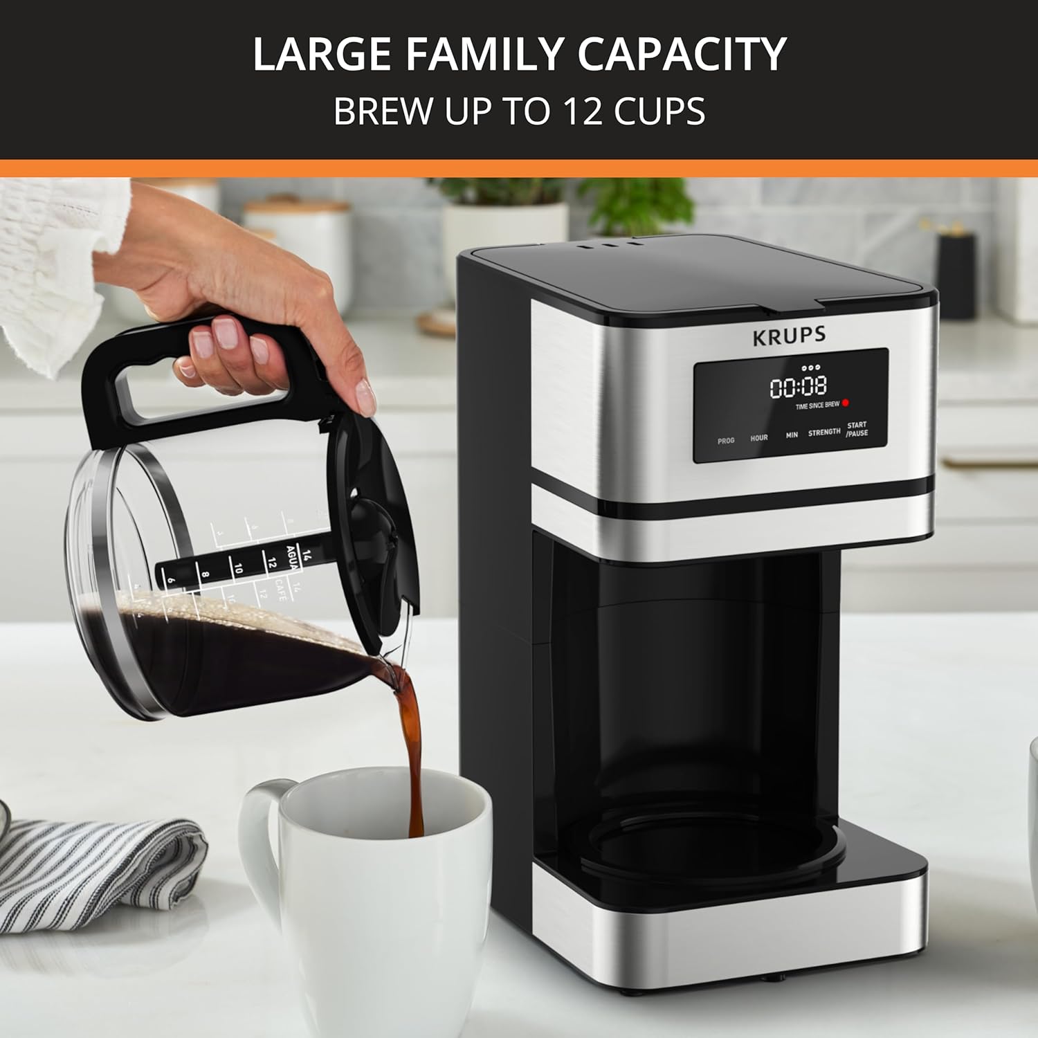 KRUPS: Macchina da caffè Simply Brew da 12 tazze - Caraffa in acciaio inossidabile e vetro - Macchina da caffè con filtro per tazze - Programmabile con display digitale - Lavabile in lavastoviglie - Macchina da caffè antigoccia - Nero e argento