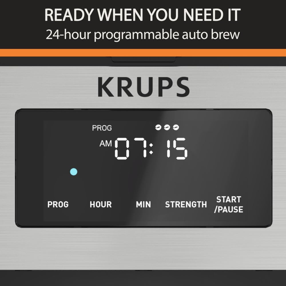 KRUPS: Macchina da caffè Simply Brew da 12 tazze - Caraffa in acciaio inossidabile e vetro - Macchina da caffè con filtro per tazze - Programmabile con display digitale - Lavabile in lavastoviglie - Macchina da caffè antigoccia - Nero e argento