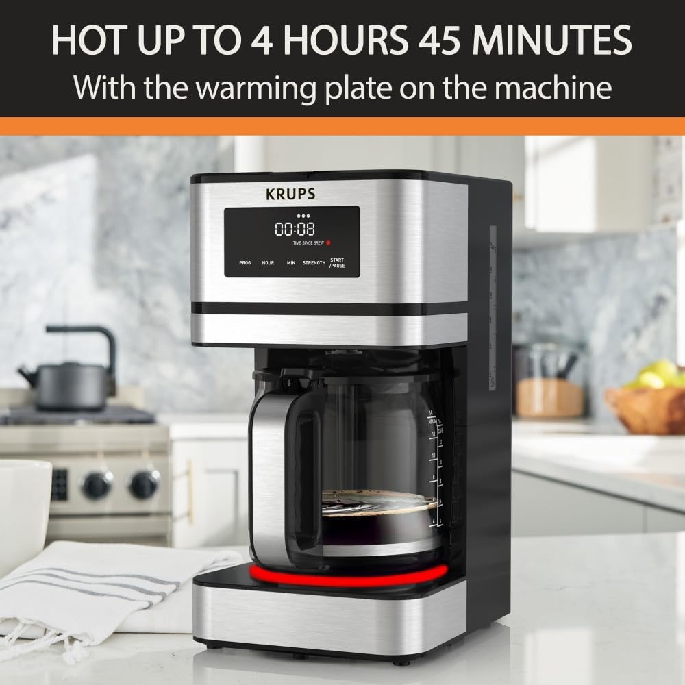 KRUPS: Macchina da caffè Simply Brew da 12 tazze - Caraffa in acciaio inossidabile e vetro - Macchina da caffè con filtro per tazze - Programmabile con display digitale - Lavabile in lavastoviglie - Macchina da caffè antigoccia - Nero e argento
