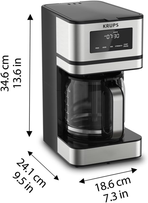 KRUPS: Macchina da caffè Simply Brew da 12 tazze - Caraffa in acciaio inossidabile e vetro - Macchina da caffè con filtro per tazze - Programmabile con display digitale - Lavabile in lavastoviglie - Macchina da caffè antigoccia - Nero e argento
