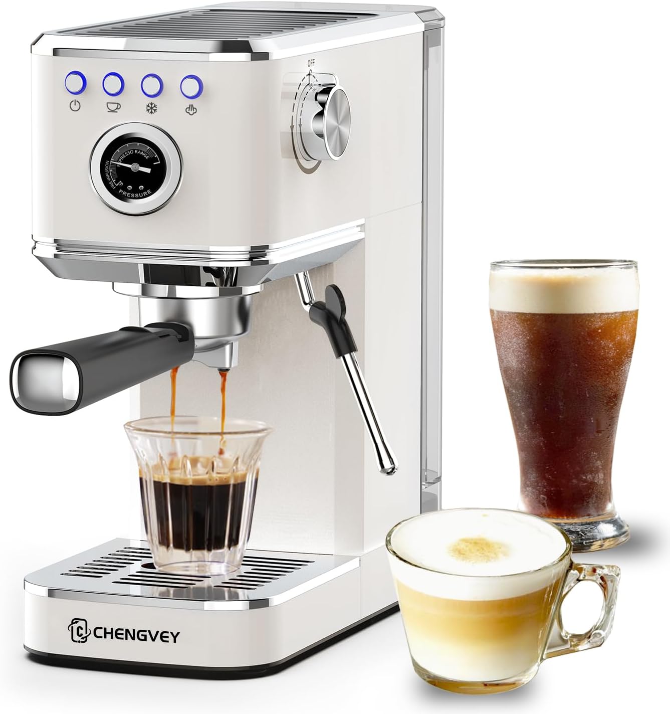 Espresso Makinesi 20 Bar, Paslanmaz Çelik Buzlu Kahve Makinesi, Süt Köpürtücü Buhar Değneği ile Profesyonel Espresso Makinesi, Kompakt Kahve Makinesi, Baba veya Anne için Hediye CCHENGVEY (Fildişi)