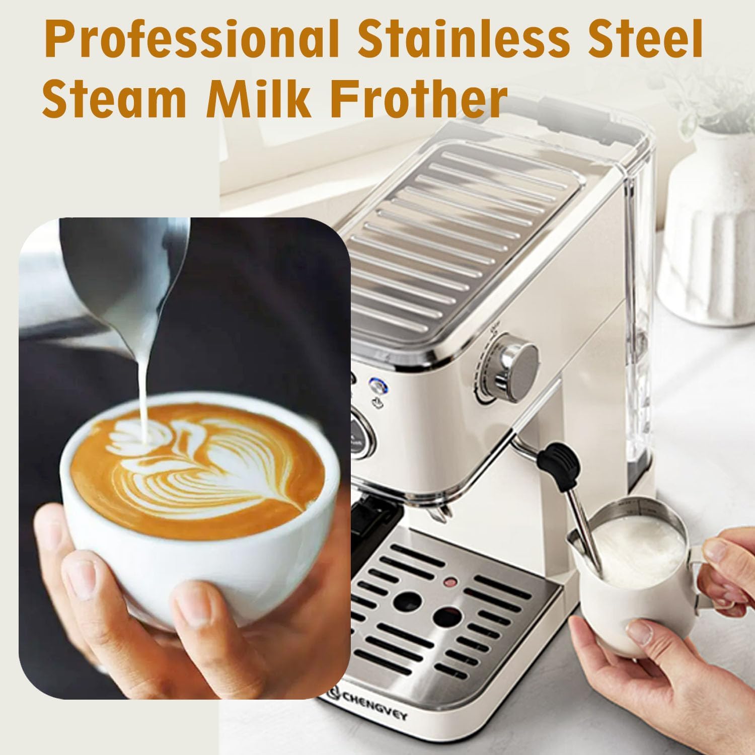 Espresso Machine 20 Bar, Stainless Steel Iced Coffee Maker, Professional Espresso Maker with Milk Frother Steam Wand, Compact Coffee Machine, Gift for Dad or Mom CCHENGVEY (Ivory) · v2