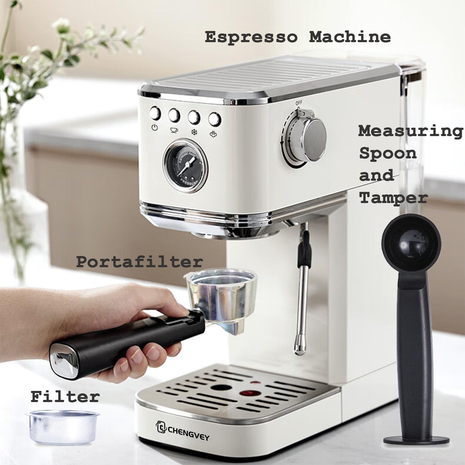 Espresso Machine 20 Bar, Stainless Steel Iced Coffee Maker, Professional Espresso Maker with Milk Frother Steam Wand, Compact Coffee Machine, Gift for Dad or Mom CCHENGVEY (Ivory) · v2