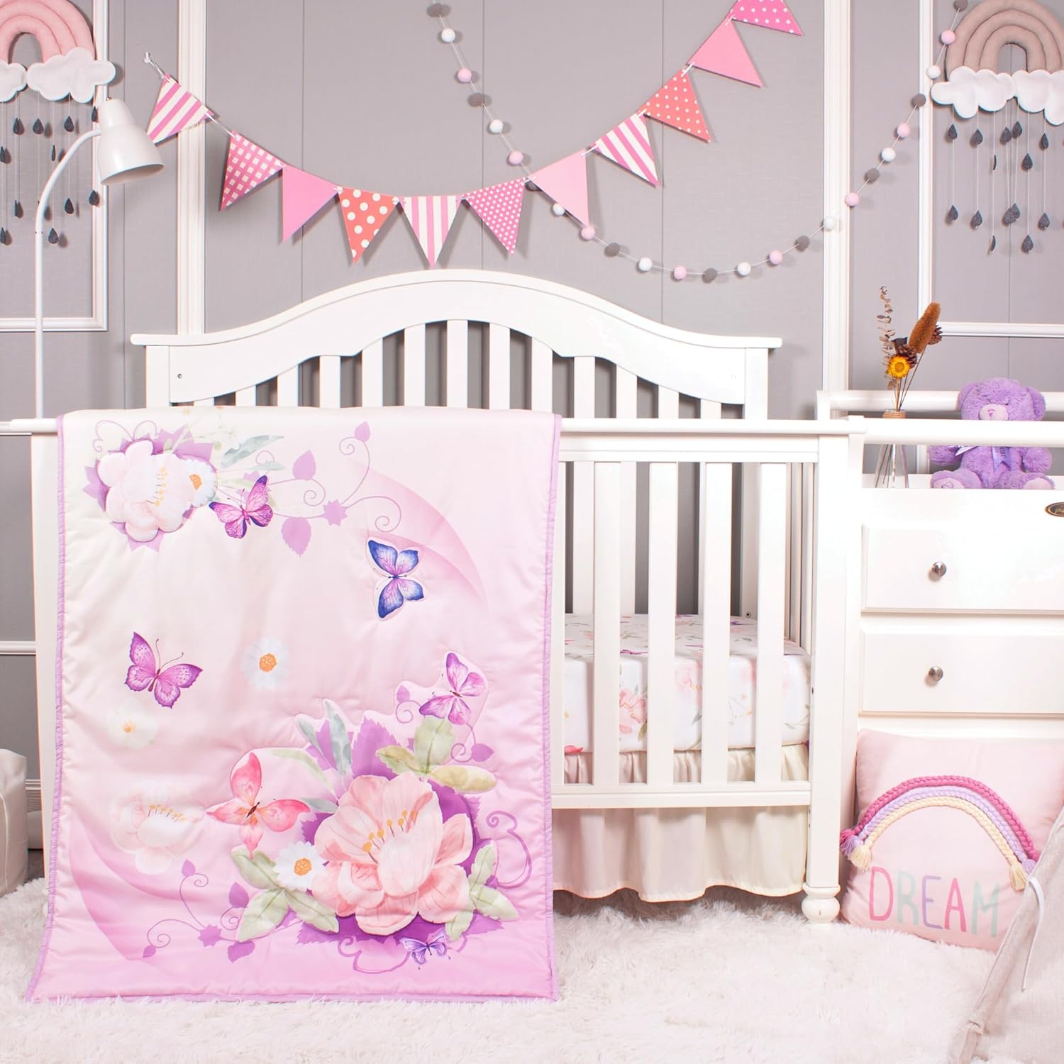 Set Tempat Tidur Bayi La Premura untuk Anak Perempuan, Set Tempat Tidur Bayi Ukuran Standar 3 Bagian Kupu-kupu Ungu Cat Air untuk Bayi Perempuan, Cunas para Bebes, Set Tempat Tidur Bayi Motif Bunga, Merah Muda Pastel, Kuning dan Ungu