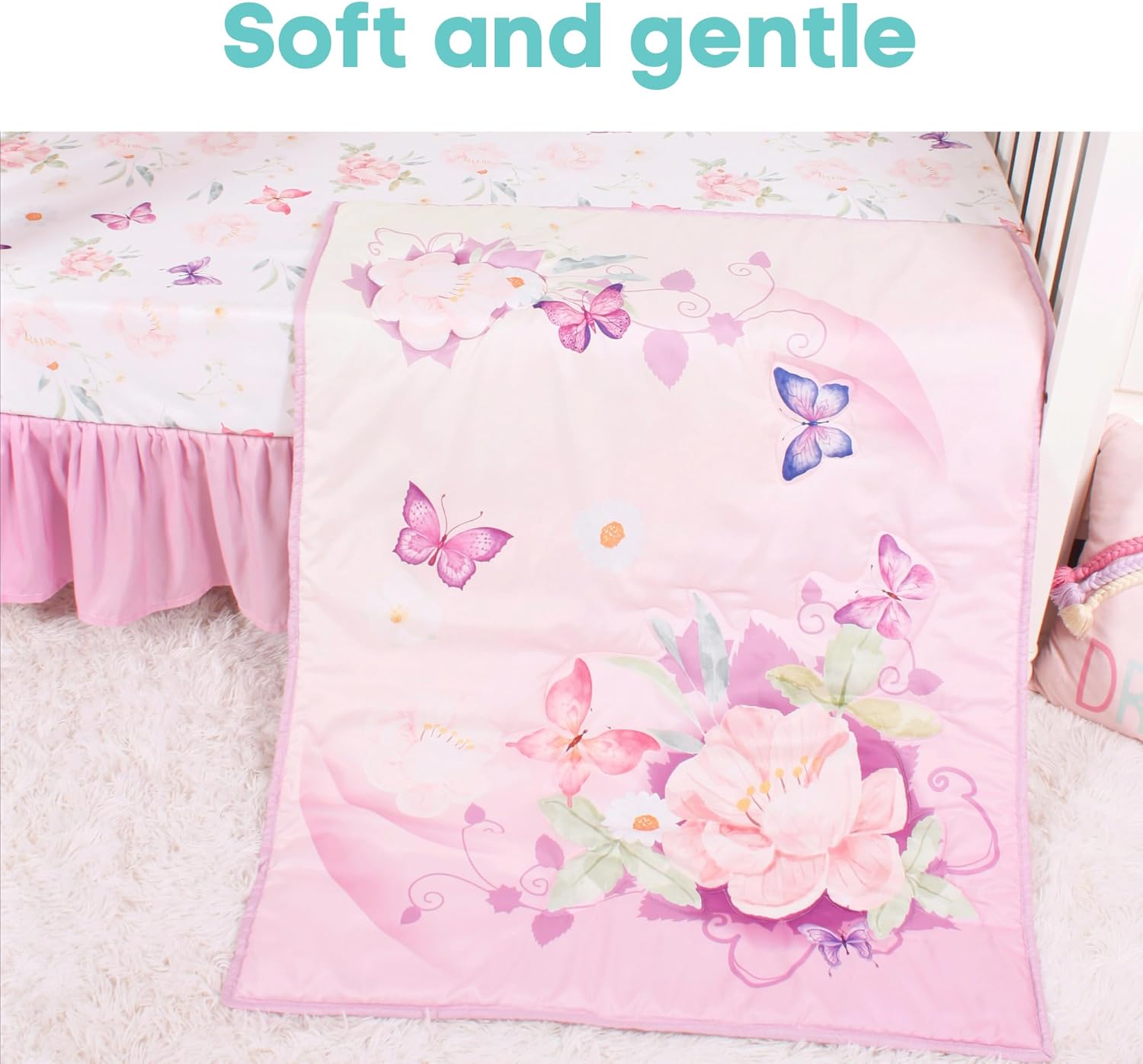La Premura Baby Crib Bedding Set for Girls, Watercolor purple Butterfly 3 Piece Standard Size Crib Set for Baby Girl, Cunas para Bebes, Floral Crib Bedding Set, Pastel Pink, Yellow and Purple · v3