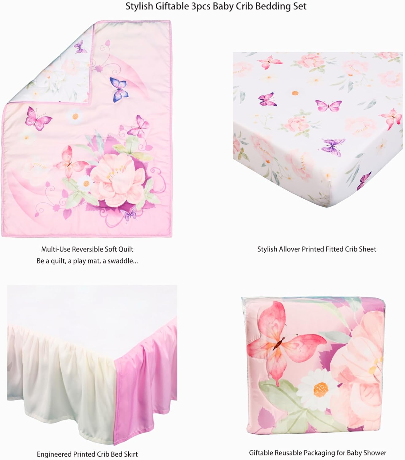 La Premura Baby Crib Bedding Set for Girls, Watercolor purple Butterfly 3 Piece Standard Size Crib Set for Baby Girl, Cunas para Bebes, Floral Crib Bedding Set, Pastel Pink, Yellow and Purple · v3