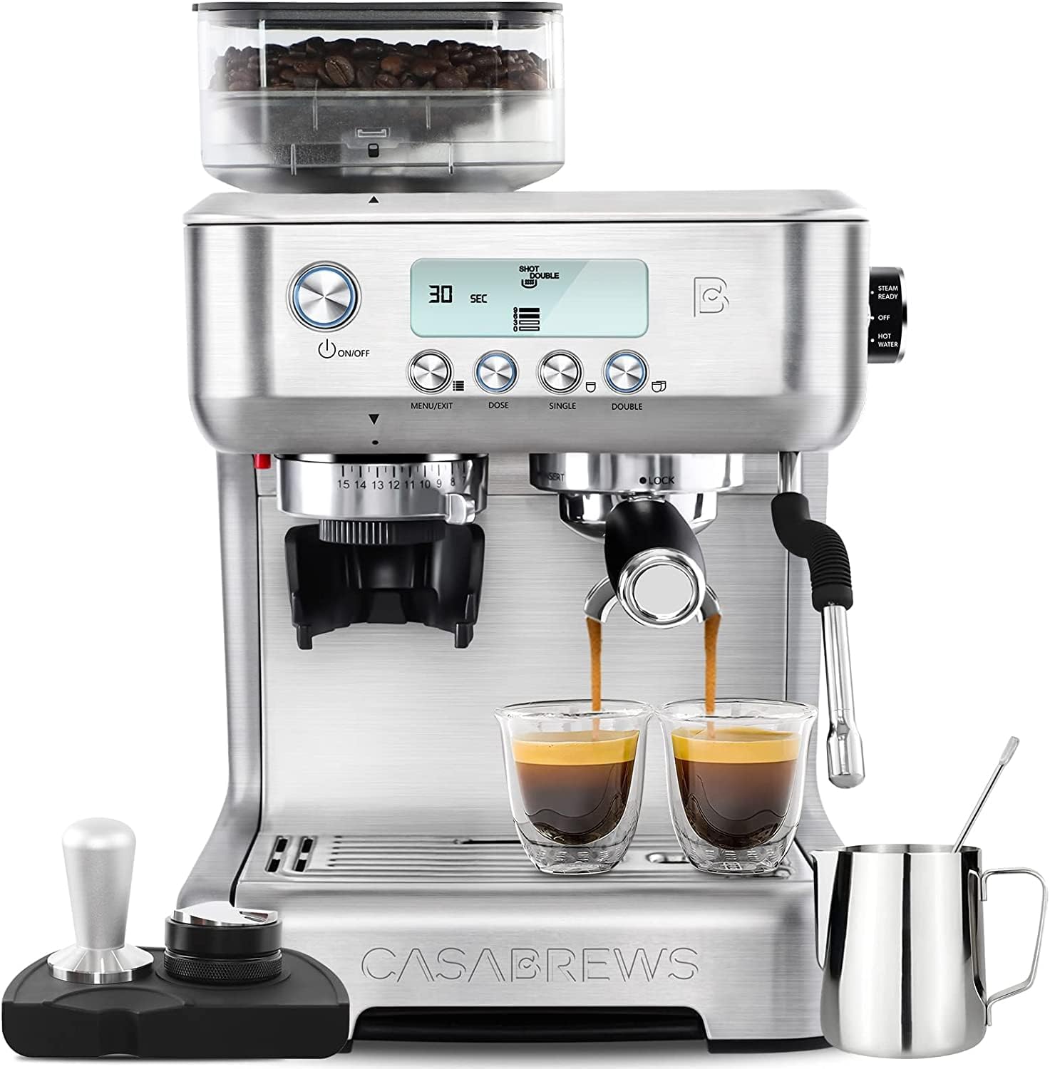 Máquina de café espresso CASABREWS con molinillo, máquina de café espresso para barista con vaporizador de leche, varilla de vapor, cafetera profesional con pantalla LCD, regalos para papá, madre y amantes del café